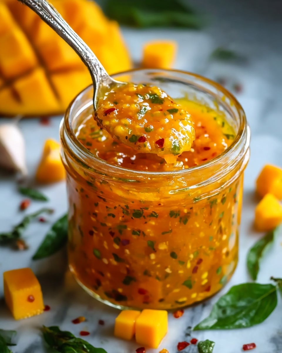 A clear glass jar filled with a thick, bright orange sauce speckled with small green herb bits and red chili flakes, giving it a textured, chunky look. A silver spoon dips into the jar, holding some of the vibrant sauce that glistens with a glossy surface. Around the jar, there are diced orange mango cubes and fresh green leaves scattered on a white marbled surface. The background is blurred with hints of garlic cloves and more mango cubes, focusing attention on the jar and spoon. photo taken with an iphone --ar 4:5 --v 7