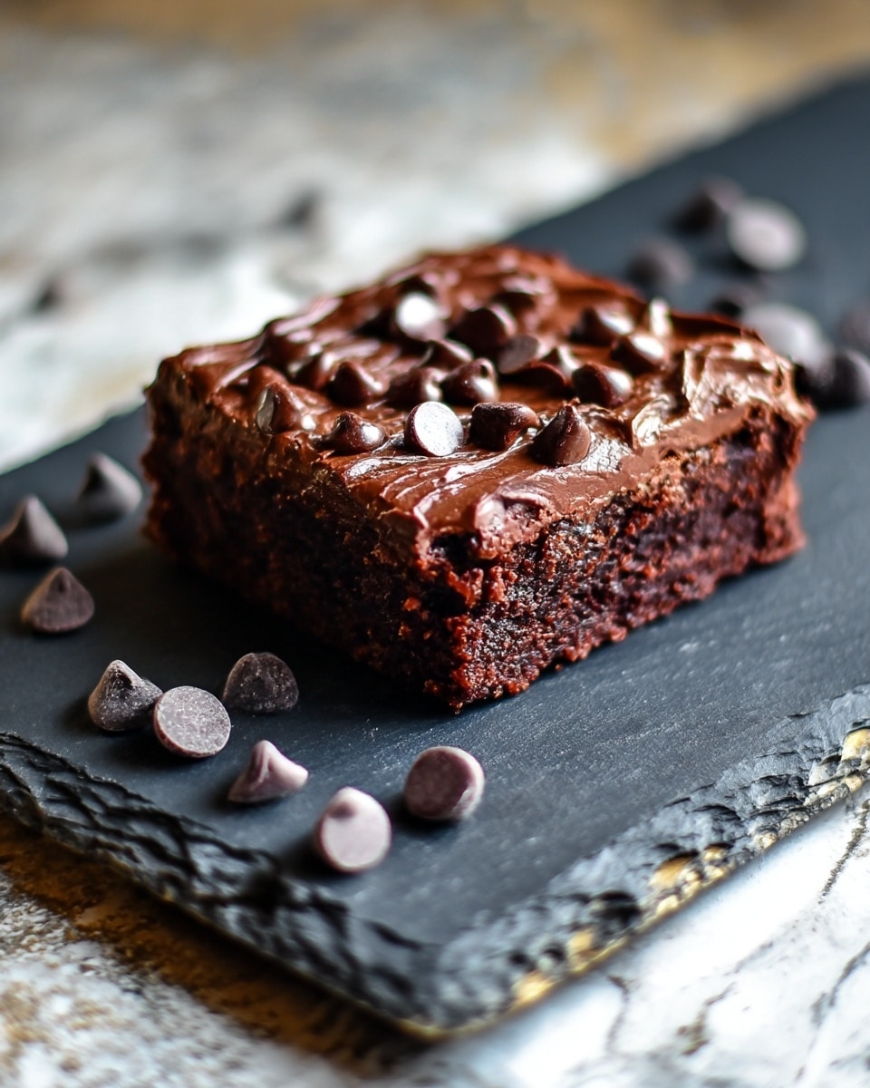 A single thick brownie square sits on a dark slate board with a rough edge, placed on a white marbled textured surface. The brownie is moist and dark brown with a dense texture. The top layer is covered with a glossy, creamy chocolate spread mixed with chocolate chips that add texture and shine. Additional chocolate chips are scattered around the board, creating an inviting and rich chocolate look. Photo taken with an iphone --ar 4:5 --v 7