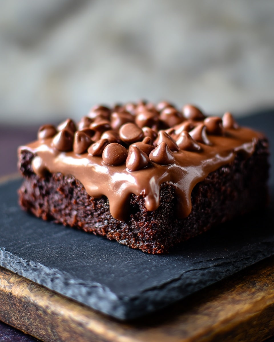 A single square piece of rich dark chocolate brownie sits on a dark slate resting on a rustic wooden board. The brownie has one thick bottom layer of moist, dense, and dark brown chocolate cake. On top, there is a smooth, shiny layer of milk chocolate frosting that slightly drips over the edges. The frosting is generously covered with many small, round, and glossy milk chocolate chips. The background is a white marbled texture, softly blurred to keep focus on the brownie. Photo taken with an iphone --ar 4:5 --v 7