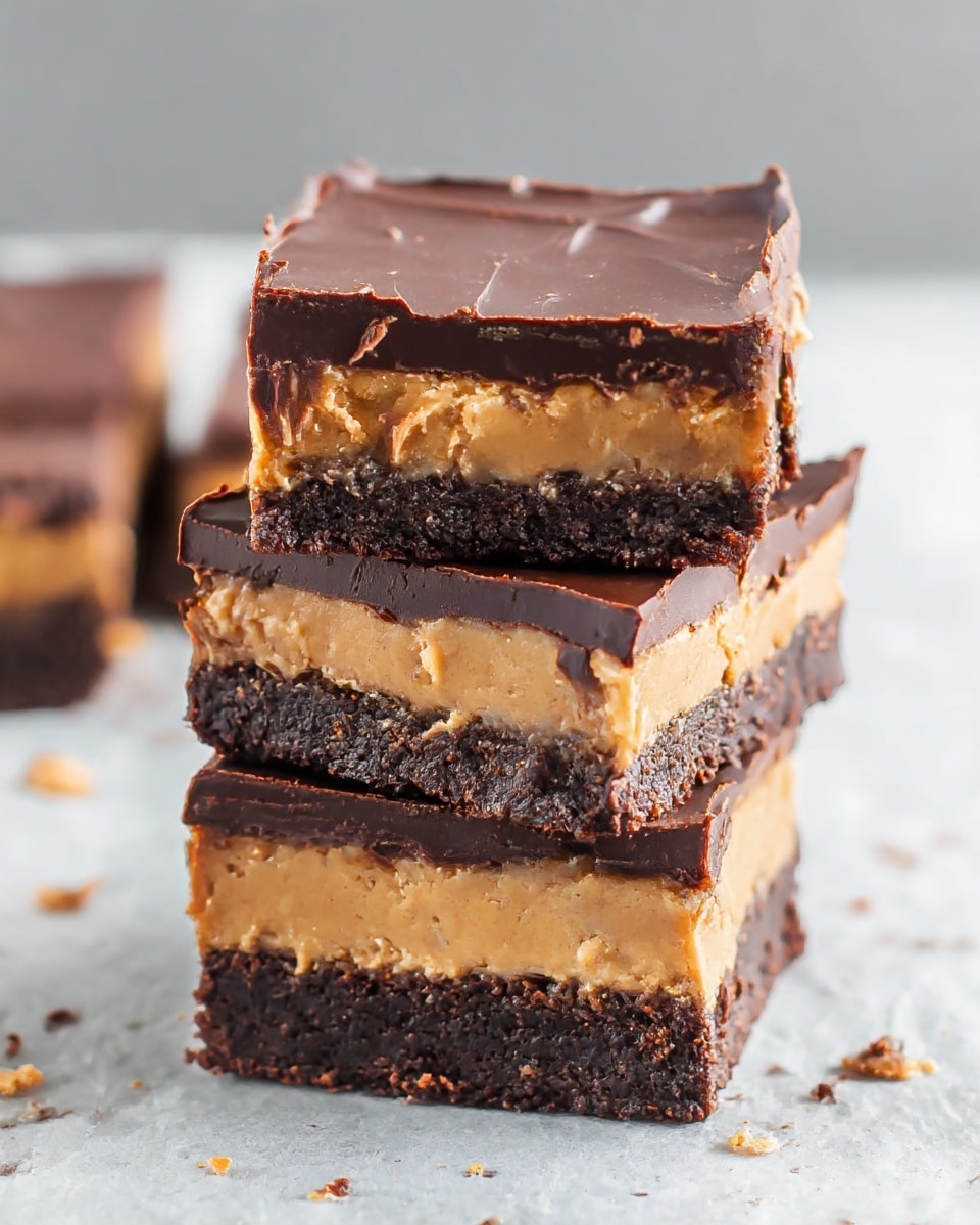 The image shows a stack of three thick square bars, each with three clear layers. The bottom layer is dark brown and crumbly, resembling a dense chocolate crust. The middle layer is a smooth, light brown peanut butter layer that is slightly uneven. The top layer is a shiny, thick chocolate ganache with a rich dark brown color and a glossy texture. The background is a soft white marbled texture with some scattered crumbs around the bars. Photo taken with an iphone --ar 4:5 --v 7