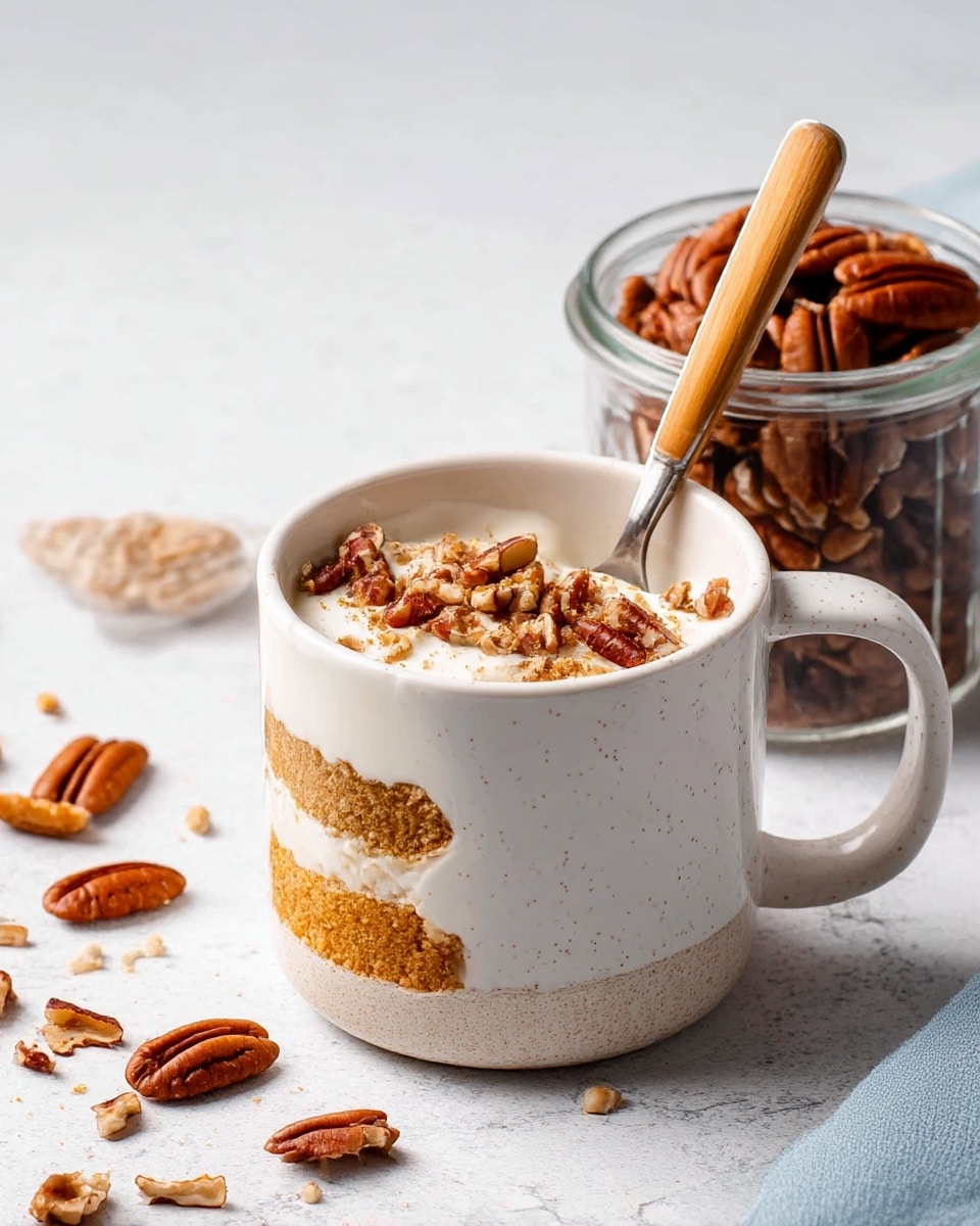A white speckled mug filled with a layered dessert, showing three visible layers: a base of light brown crumbly cake or mix covering the bottom, topped with a white creamy layer that looks smooth and thick, and sprinkled on top with chopped pecans in a rich brown shade. A spoon with a wooden handle rests inside the mug. Next to the mug is a clear glass jar filled with whole pecans, some scattered on the white marbled surface around it. photo taken with an iphone --ar 4:5 --v 7
