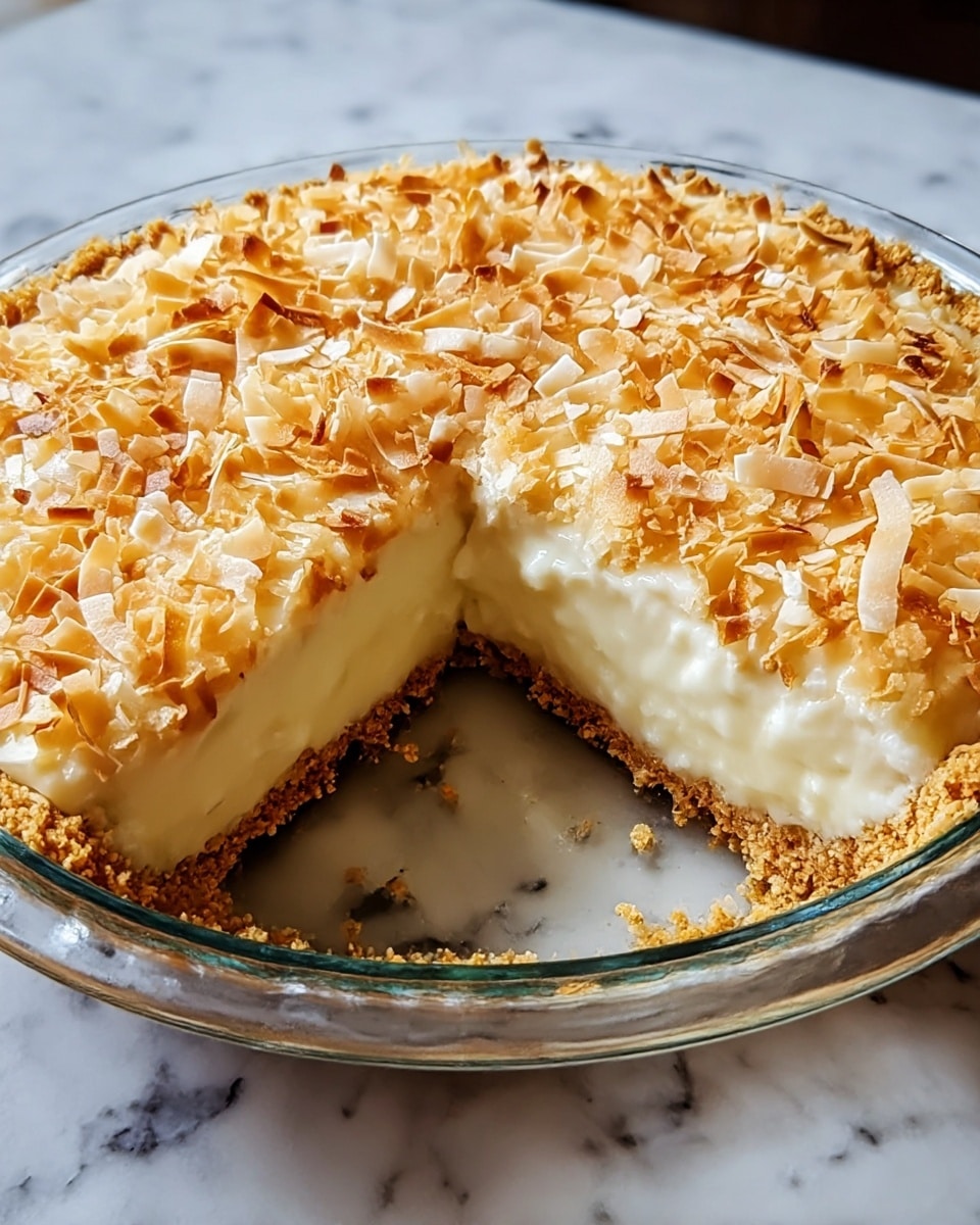 The image shows a clear round glass pie dish with a three-layered dessert inside. The bottom layer is a thin, light brown crumb crust that looks crunchy. The middle layer is a thick, smooth, creamy off-white filling that appears soft and custard-like. The top layer is a generous sprinkling of toasted coconut flakes, golden brown with some darker brown tips, adding texture and a crunchy look. A slice has been removed from the pie, revealing the layers clearly, and the dish is set on a white marbled textured surface. photo taken with an iphone --ar 4:5 --v 7