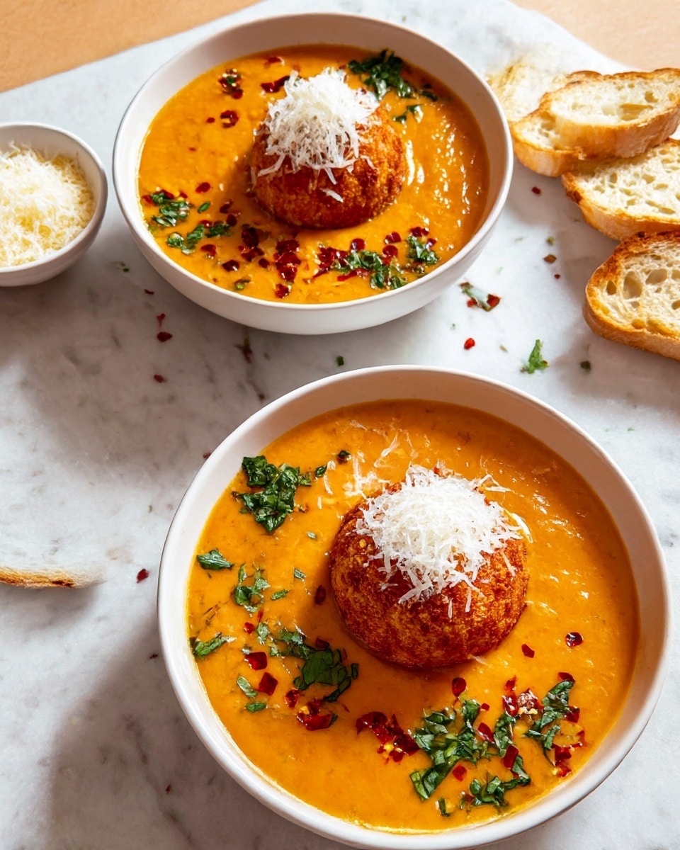 The image shows two white bowls filled with a smooth, bright orange soup as the base layer. Each bowl has a golden-brown, round fried ball placed in the center of the soup, topped with a small mound of finely shredded white cheese. Around the fried ball, there are small piles of chopped green herbs and scattered red chili flakes, adding pops of green and red color to the dish. To the side of the bowls, there are a few slices of toasted bread with a light golden crust, arranged casually on a white marbled surface. A small white bowl filled with grated cheese sits near the top left corner of the image, completing the setup. Photo taken with an iphone --ar 4:5 --v 7