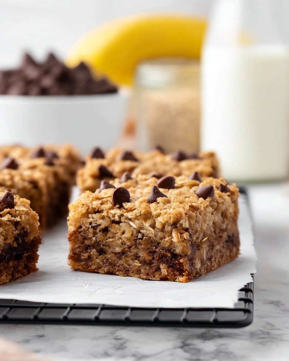 A close-up view of a square oat bar with three visible layers sitting on white parchment paper over a black wire rack. The top layer is crumbly and golden brown with scattered dark chocolate chips. The middle layer is dense and moist with a mix of oats and chocolate, showing some texture from the oats and melted chocolate. The bottom layer is darker and firm, acting like a base for the bar. In the background, out of focus, are a white bowl filled with chocolate chips, a clear jar with oats, a glass bottle of milk, and a yellow banana placed on a white marbled surface. photo taken with an iphone --ar 4:5 --v 7