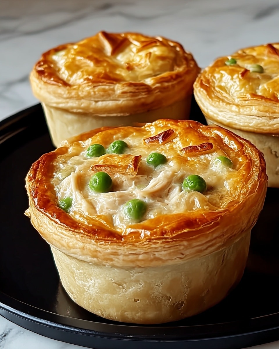 Three small pies sit on a black round tray over a white marbled surface. Each pie has a bottom crust that is light beige and slightly translucent with a soft texture. On top, there is a golden brown puff pastry layer that is flaky and has visible layers of crisp dough around the edges. The top crust shows small cuts revealing bits of white chicken pieces and bright green peas embedded just beneath the shiny, browned surface. The pies are close together, filling the tray mostly evenly, with the front pie in clear focus. photo taken with an iphone --ar 4:5 --v 7