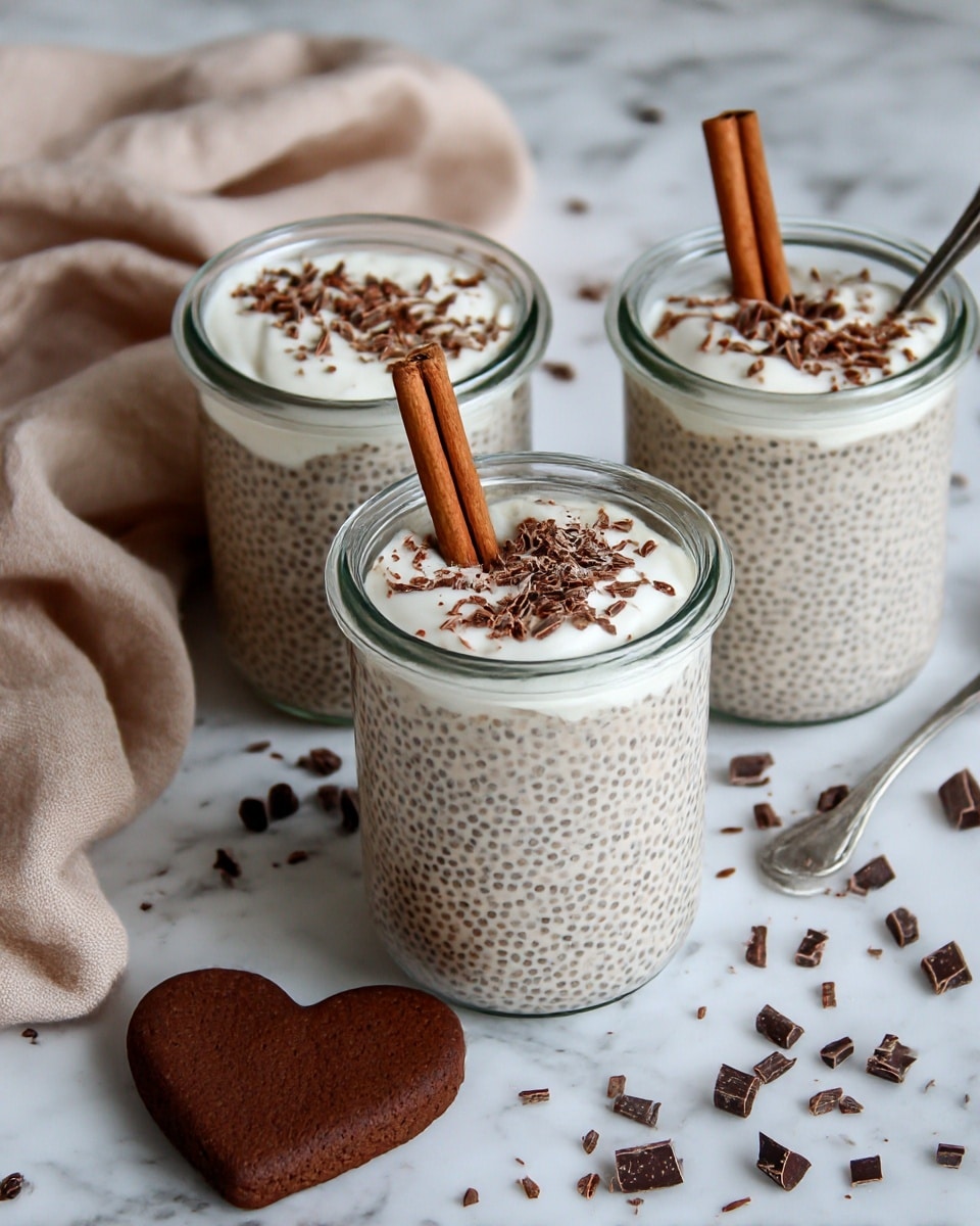 The image shows three glass jars filled with light beige chia pudding speckled with tiny black chia seeds as the bottom thick layer. Each jar is topped with a smooth, white creamy layer, sprinkled with small brown chocolate shavings, and garnished with a vertical cinnamon stick placed slightly off-center. The jars are set on a white marbled surface with scattered chocolate shavings around them. A heart-shaped dark brown cookie sits near the front left jar, and a soft beige cloth is casually placed in the top left corner. The photo taken with an iphone --ar 4:5 --v 7