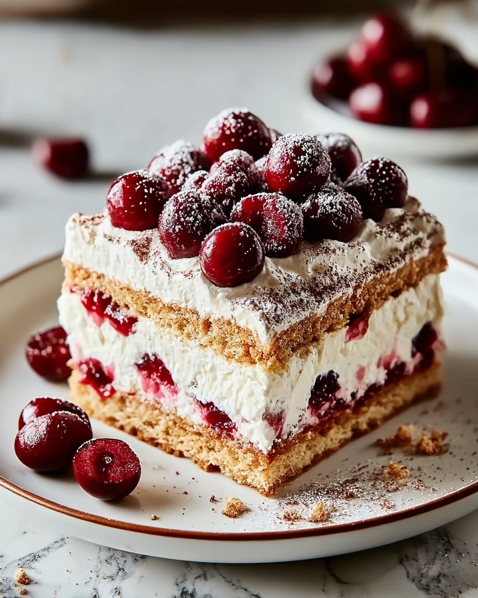 A three-layer square cake sits on a white plate with a thin brown rim, placed on a white marbled surface. The bottom layer is light brown and textured like soaked sponge cake, followed by a thick middle layer of white creamy filling mixed with a hint of red berry sauce. The top layer is another sponge cake, covered with a thick layer of whipped cream, generously topped with fresh, shiny dark red cherries, dusted with fine white powdered sugar and light brown cocoa powder. A few cherries and crumbs are scattered around the base on the plate. Photo taken with an iphone --ar 4:5 --v 7