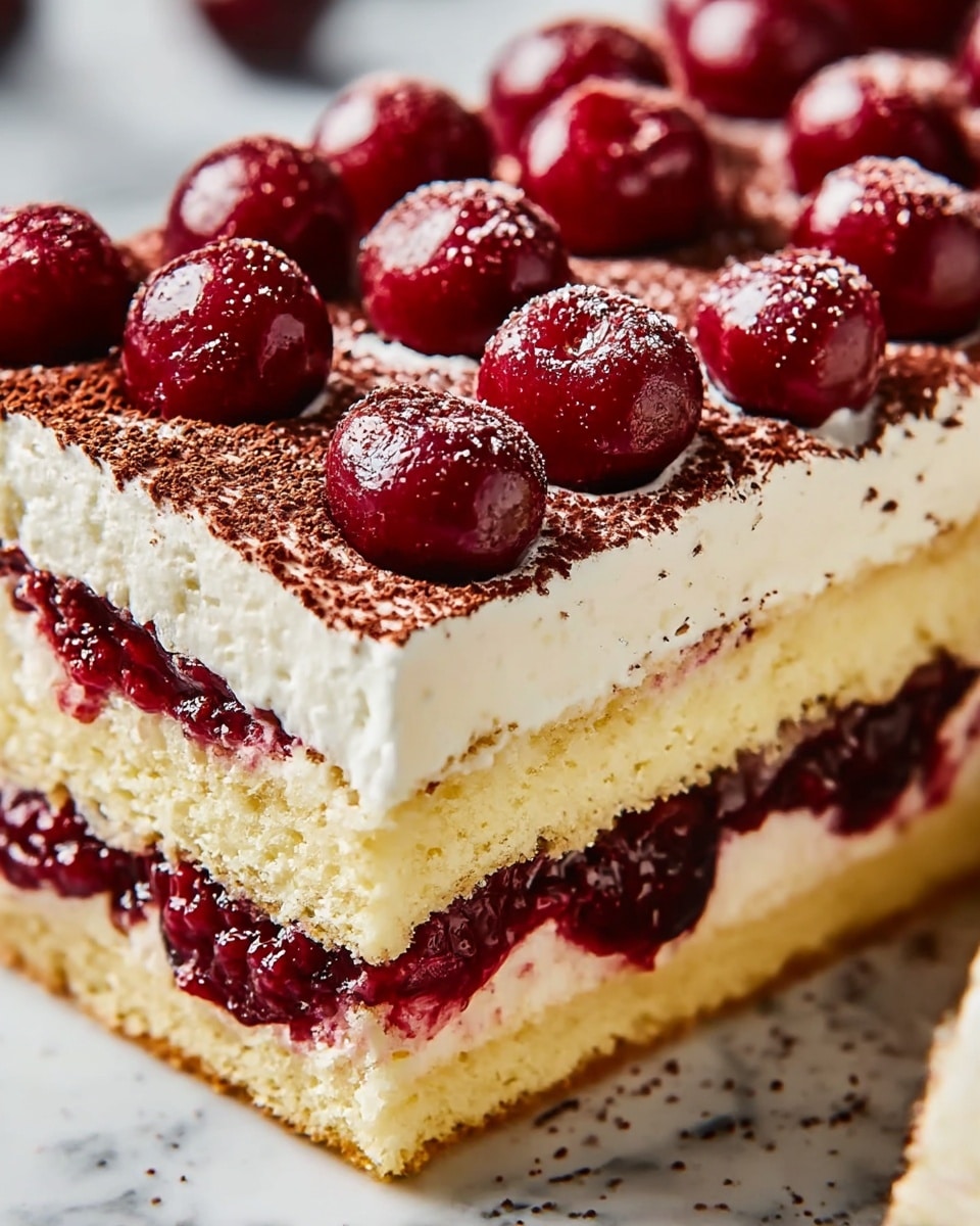 A close-up image of a layered dessert showing three layers of light yellow creamy cake alternated with deep red cherry filling that has a juicy, slightly chunky texture, topped with a thick smooth white cream layer dusted with dark brown cocoa powder; on top, there are whole shiny red cherries arranged in neat rows across the surface. The dessert is placed on a white marbled texture background. Photo taken with an iphone --ar 4:5 --v 7