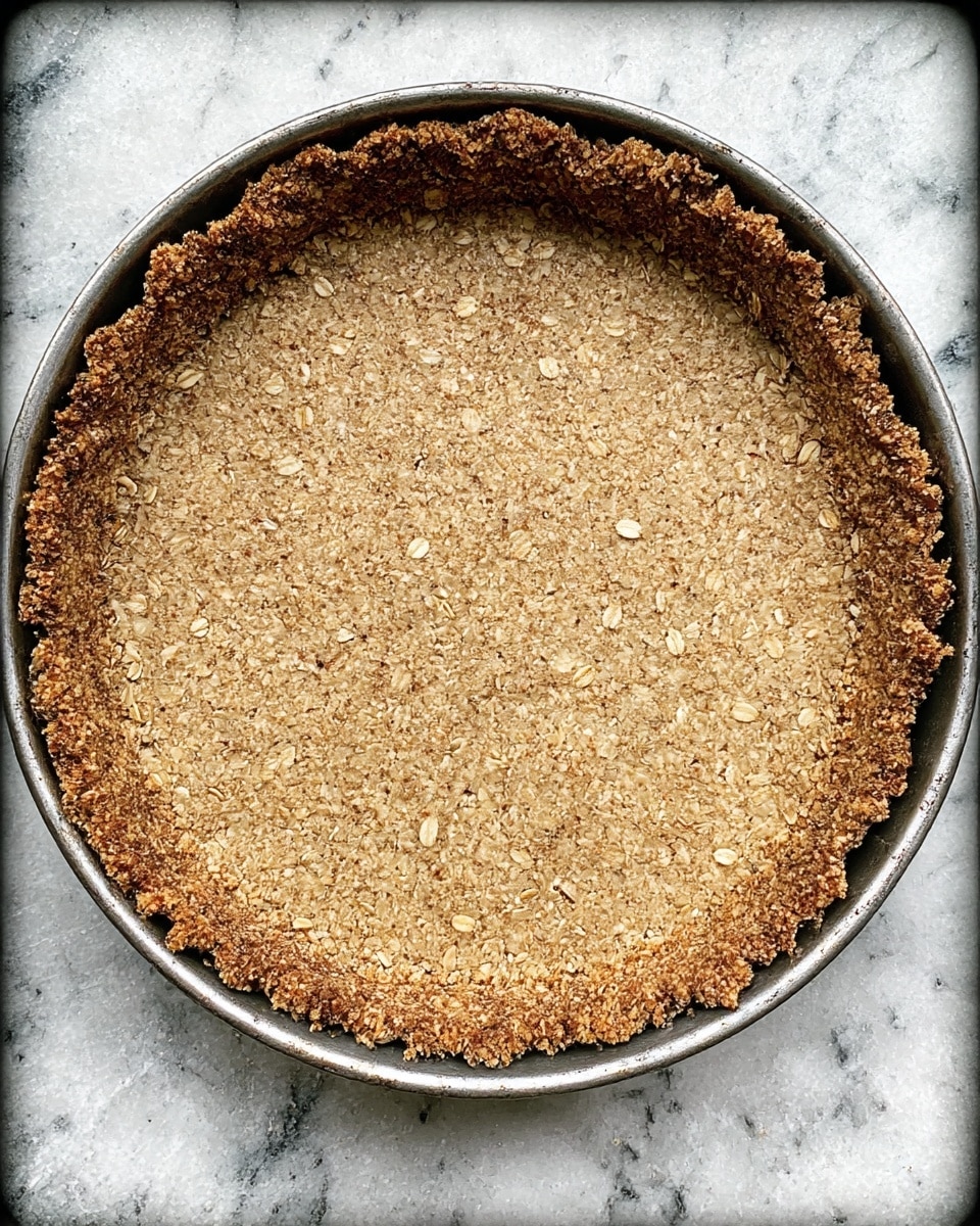 The image shows a single-layer baked oat crust in a round metal baking pan. The crust is light brown with a rough, crumbly texture and small visible oat flakes throughout. The edges are slightly uneven and a bit darker, giving a rustic look. The pan rests on a white marbled surface. photo taken with an iphone --ar 4:5 --v 7