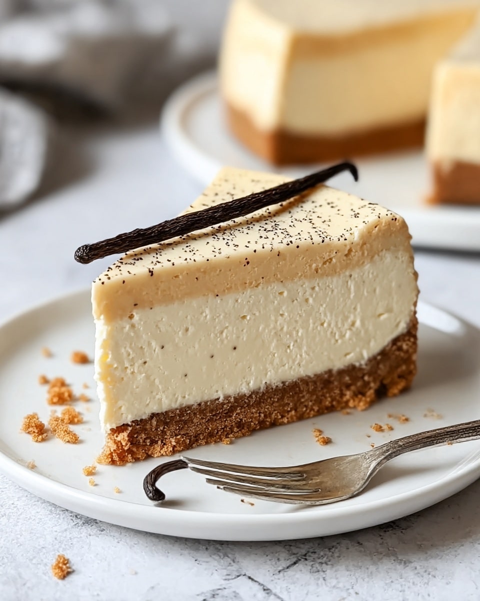 The image shows a slice of cheesecake on a white plate, placed on a white marbled texture. The cheesecake has three layers: a crumbly brown base at the bottom, a thick creamy white middle layer, and a light beige top layer sprinkled with tiny dark specks. A dark brown vanilla bean pod rests on top near the slice's edge. Crumbs are scattered around the slice on the plate. A silver fork lies near the cheesecake slice with part of the handle out of view. In the background, there is a partial view of the remaining cheesecake on a white plate. photo taken with an iphone --ar 4:5 --v 7