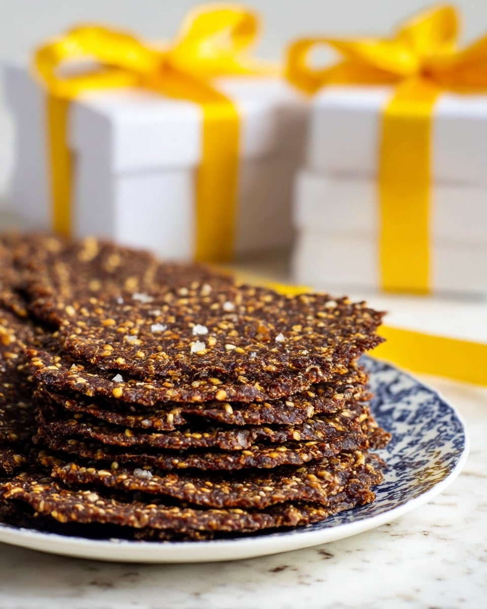 A white plate with a blue leaf pattern holds many thin, dark brown sesame and nut brittle pieces, all closely stacked and slightly overlapping. The brittle has a rough texture with visible sesame seeds and small nut bits scattered evenly across the surface. Around the plate, there's a white marbled surface with scattered yellow ribbons, a set of gold scissors on a blue napkin with white leaves, and a white box tied with a yellow ribbon partially visible, adding a gift-like feel to the scene. The setup is bright and clean. photo taken with an iphone --ar 4:5 --v 7