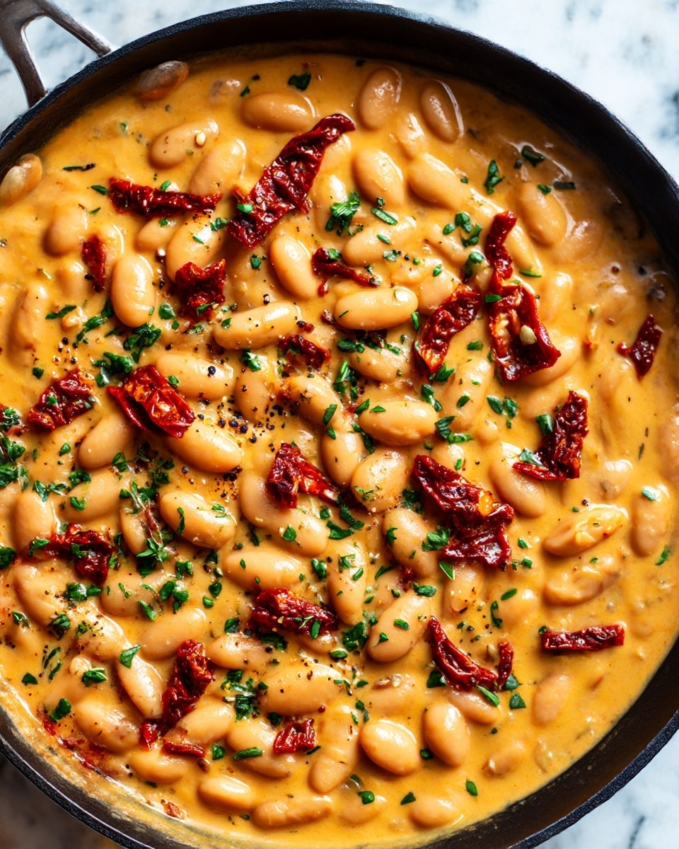 A close-up view of a black skillet filled with creamy, light orange beans sitting in thick sauce. The dish is topped with small pieces of dark red dried tomatoes and sprinkled with chopped green herbs and coarse black pepper, giving a fresh and spicy look. The beans are plump and shiny, evenly layered in the pan, and the sauce has a smooth, slightly chunky texture. The skillet sits on a surface with a white marbled texture with herbs and small seeds around it. photo taken with an iphone --ar 4:5 --v 7