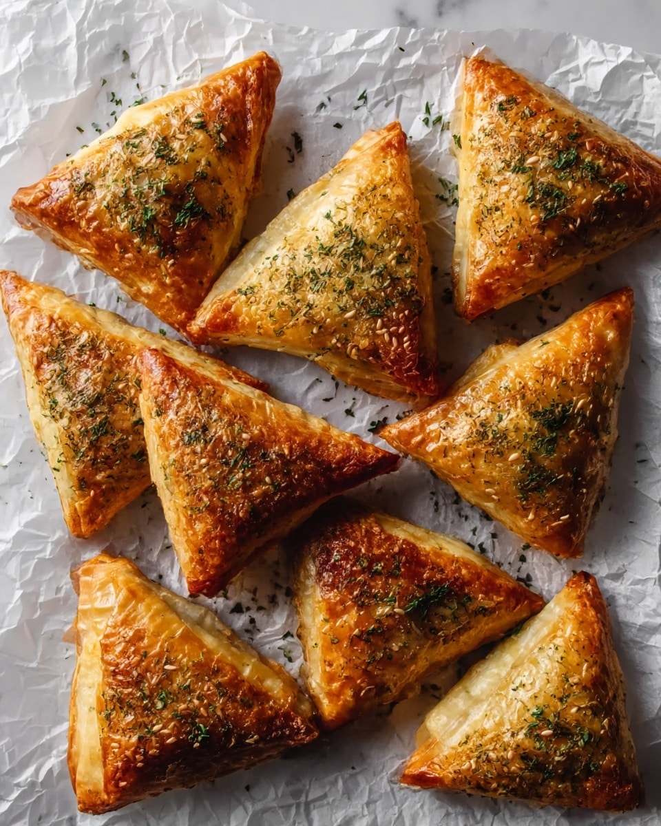 Eight golden-brown triangular pastries are arranged on crinkled white parchment paper over a white marbled surface. Each pastry is crisp and flaky with a textured top layer sprinkled with green herbs and seeds. The color of the pastries ranges from light golden to darker browned spots, showing a baked and crunchy finish. The edges are well sealed, forming neat triangular shapes with slight puffiness. The herbs add small green flecks, contrasting nicely against the warm golden tones of the pastry. photo taken with an iphone --ar 4:5 --v 7