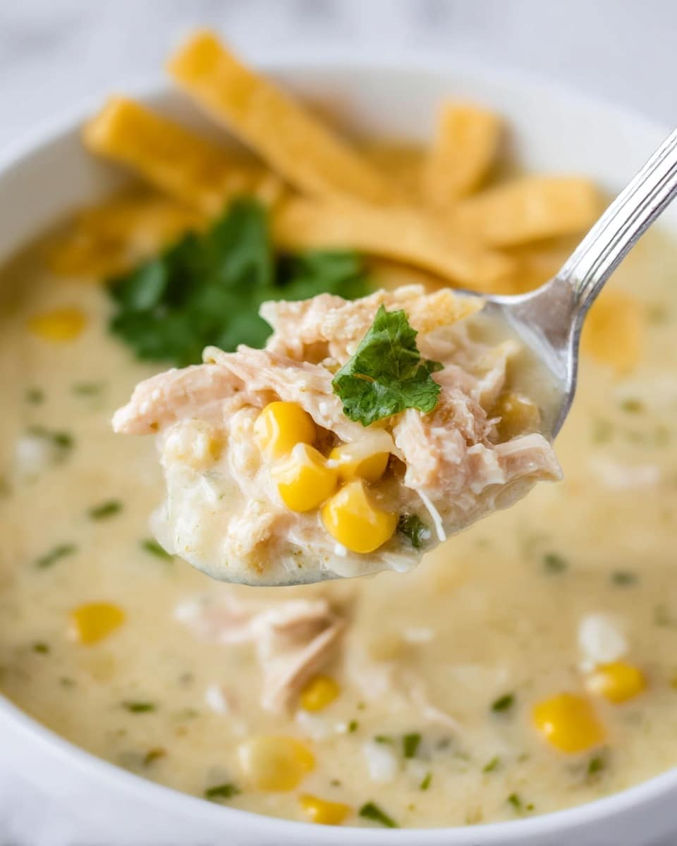 A close-up view of a creamy soup served in a white bowl set against a white marbled background, showing three main layers: the base layer is a thick pale yellow cream soup filled with chunks of light beige shredded chicken, white and yellow corn kernels, and bits of green herbs; the middle layer consists of finely chopped green herbs scattered throughout, adding texture and color; the top layer includes crispy pale golden tortilla strips slightly scattered around with a fresh green leafy herb garnish in the center. A spoon holds a scoop of the soup in the foreground, highlighting the creamy texture mixed with chicken and corn pieces. Photo taken with an iphone --ar 4:5 --v 7