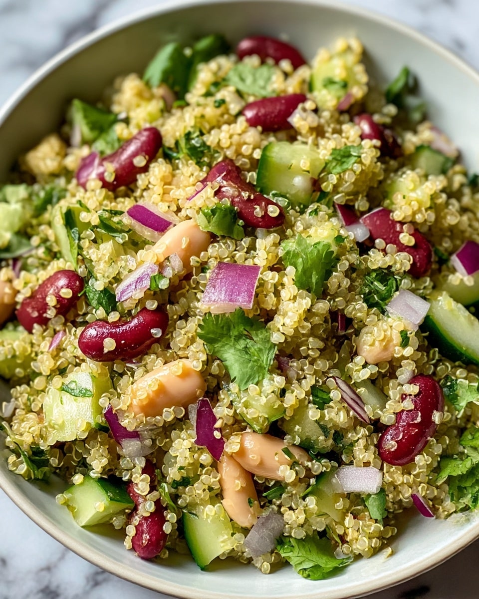 The image shows a close-up of a quinoa salad in a white bowl. The salad has layers of small, round, light yellow quinoa grains mixed with red and beige kidney beans, pieces of bright green cucumber cut into small chunks, chopped purple-red onion, and green cilantro leaves scattered throughout. The mix looks fresh and colorful with a light, healthy texture. The bowl is placed on a white marbled surface. photo taken with an iphone --ar 4:5 --v 7