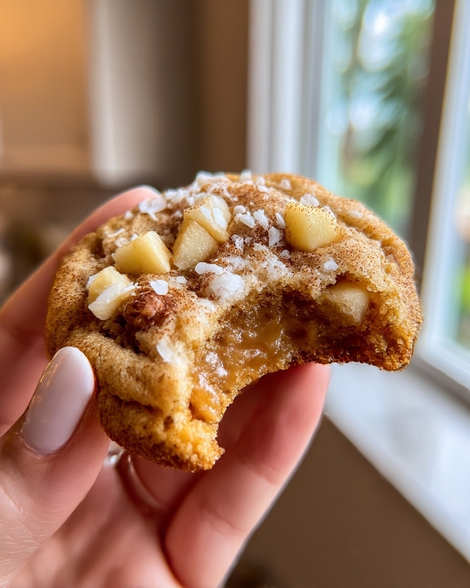 A close-up image of a small cookie held by a woman's hand with a bite taken out of it, revealing a gooey, light brown caramel filling inside. The cookie’s outer layer is golden brown and slightly crispy with a soft, chewy texture. On top, there are small chunks of chopped nuts and diced light yellow apples scattered, along with a light dusting of white coconut flakes and cinnamon powder. The background shows a blurred indoor kitchen with light coming through a window. photo taken with an iphone --ar 4:5 --v 7