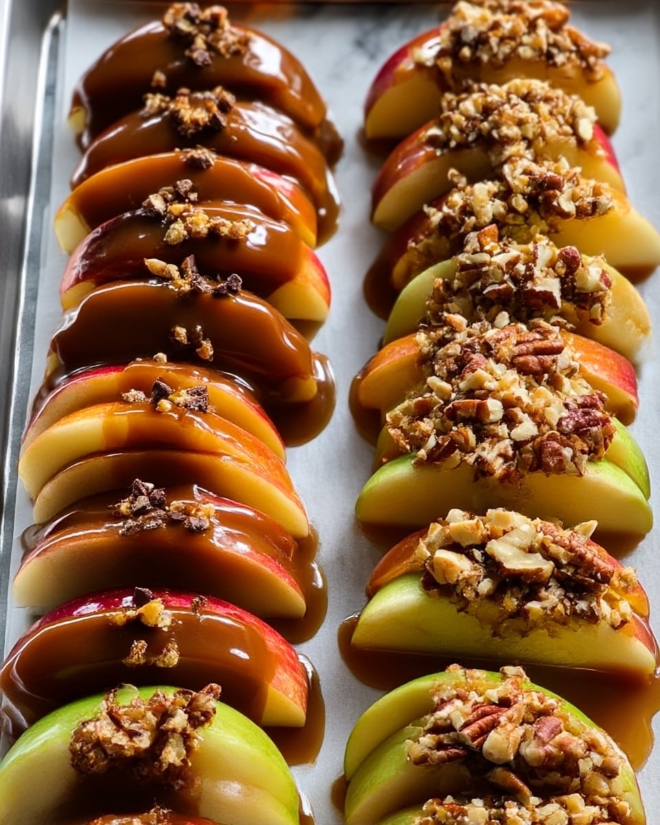 Two rows of sliced apple wedges are arranged on a tray lined with white parchment paper, set against a white marbled texture. The left row features apple slices topped with a thick caramel drizzle and small bits of chocolate or nuts, creating a glossy, rich brown layer over the red and yellow skin of the apples. The right row shows apple slices with a similar caramel layer but finished with a generous sprinkle of chopped mixed nuts, adding a crunchy texture over the glossy caramel, highlighting the green and pale yellow tones of the apple skin beneath. The caramel sauce pools slightly under the apples, emphasizing the sweet, sticky quality of the topping. photo taken with an iphone --ar 4:5 --v 7