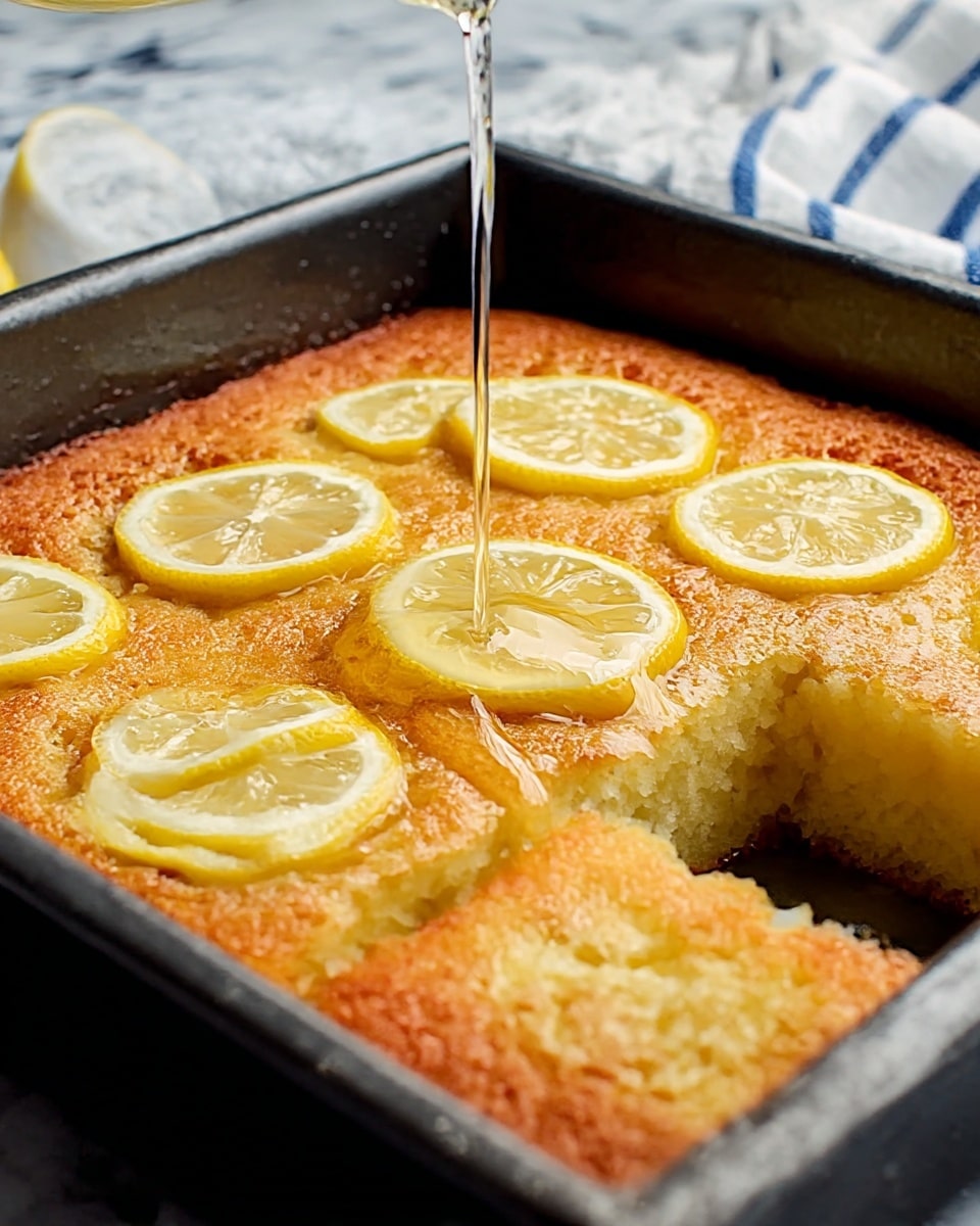 A close-up image of a square lemon cake in a dark baking pan, showing one piece cut out on the bottom right corner. The cake is golden brown with a slightly crispy edge and a soft, moist texture in the middle. On top, there are several thin lemon slices arranged in a scattered pattern. A clear liquid is being poured from above onto the lemon slices in the center, creating a glossy shine on the cake's surface. The background includes a white marbled texture and a white cloth with blue stripes on the right side. Photo taken with an iphone --ar 4:5 --v 7