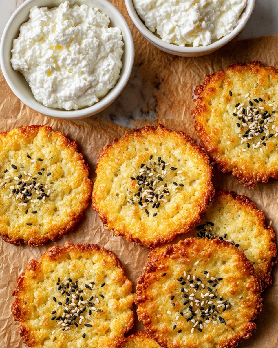 The image shows seven golden brown, crispy round cookies with a bubbly texture and uneven edges, each topped with scattered black and white sesame seeds. They are laid out on brown parchment paper. In the upper part of the image, two white ceramic bowls filled with white creamy cottage cheese are partially visible. The background is a white marbled surface. photo taken with an iphone --ar 4:5 --v 7
