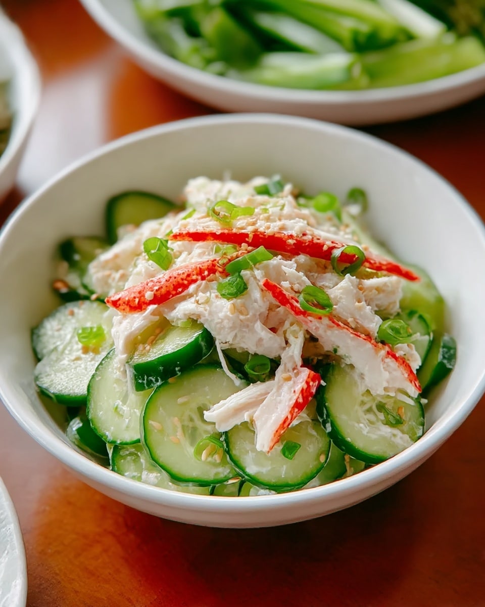 The image shows a white bowl filled with a fresh salad made of several layers. The bottom layer consists of thinly sliced cucumber with a green and pale white color and a fresh, cool texture. On top of the cucumber, there are strips of white crab meat mixed with a few bright red crab sticks, giving a soft and slightly fibrous texture. Scattered throughout the salad are small pieces of green onion adding flecks of bright green color and a slight crunch. The salad is lightly sprinkled with tan sesame seeds that add a bit of texture and visual interest. The bowl sits on a warm wooden surface with parts of a white bowl holding green vegetables visible in the background. photo taken with an iphone --ar 4:5 --v 7