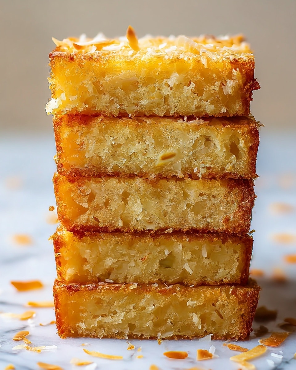 The image shows a stack of four thick slices of golden brown cake on a white marbled surface, with visible toasted coconut flakes on the top and around the edges. Each slice is moist and textured, with a slightly crispy outer crust and a soft, dense inside that has a light yellow color with small bits of coconut throughout. The stack is arranged vertically, showing the even layers clearly, and some loose toasted coconut flakes scattered around the base. Photo taken with an iphone --ar 4:5 --v 7