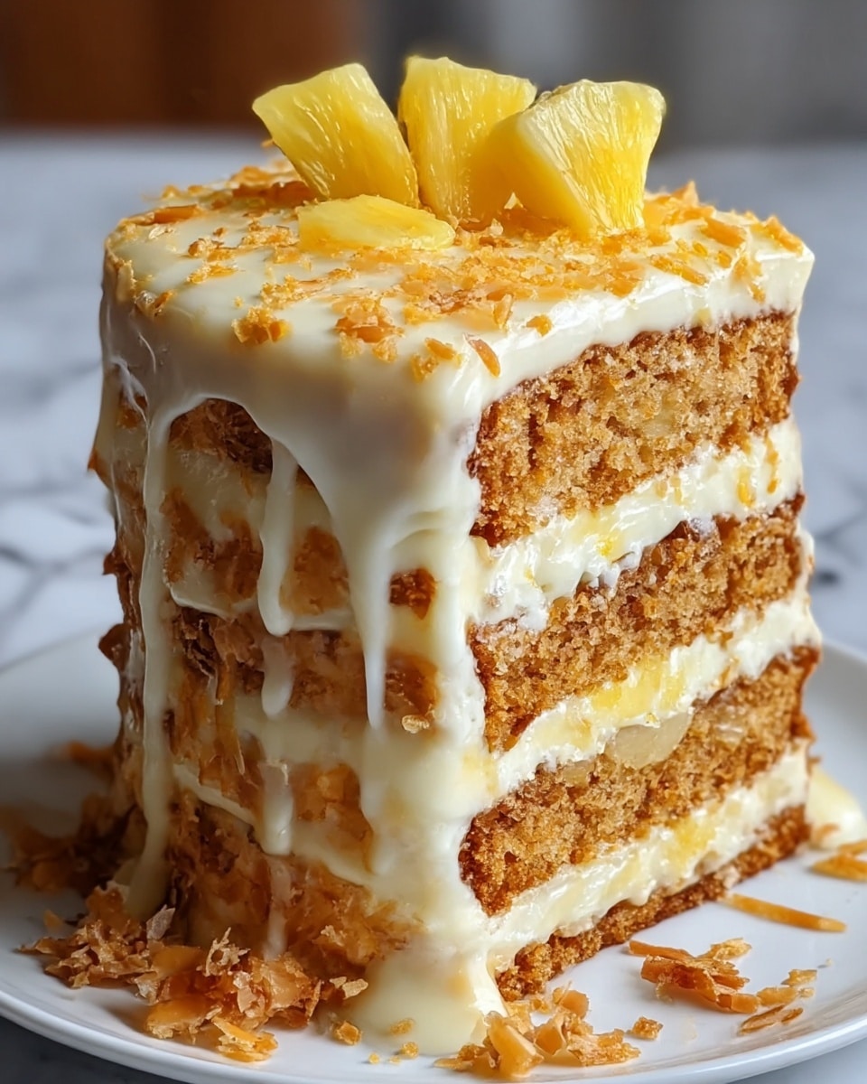 A close-up of a three-layer cake with thick, creamy white frosting between each golden brown sponge layer. The cake is drizzled with smooth, pale yellow sauce slowly dripping down all sides. The top is decorated with small crispy golden crumbs scattered around and topped with three pale yellow triangular pieces, possibly cake or fruit, standing upright. There are extra golden crumbs scattered on the white plate below the cake. The whole scene is set against a soft-focus background with a white marbled texture surface. photo taken with an iphone --ar 4:5 --v 7