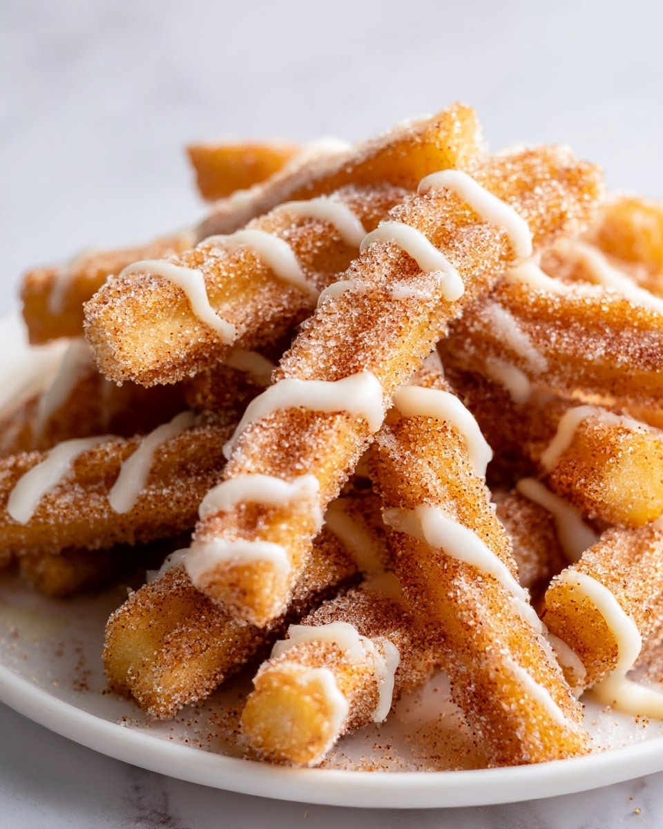 A white plate holds a pile of golden, crispy churro fries coated with a rough layer of cinnamon sugar, giving them a speckled light brown appearance. The churro fries are irregularly shaped sticks, stacked in a slightly messy way, showing the sugary texture in detail. Drizzled thinly over the top are streaks of smooth white icing, adding a soft contrast on the rough surface of the fries. The background is a soft, white marbled texture that complements the warm tones of the churro fries. photo taken with an iphone --ar 4:5 --v 7