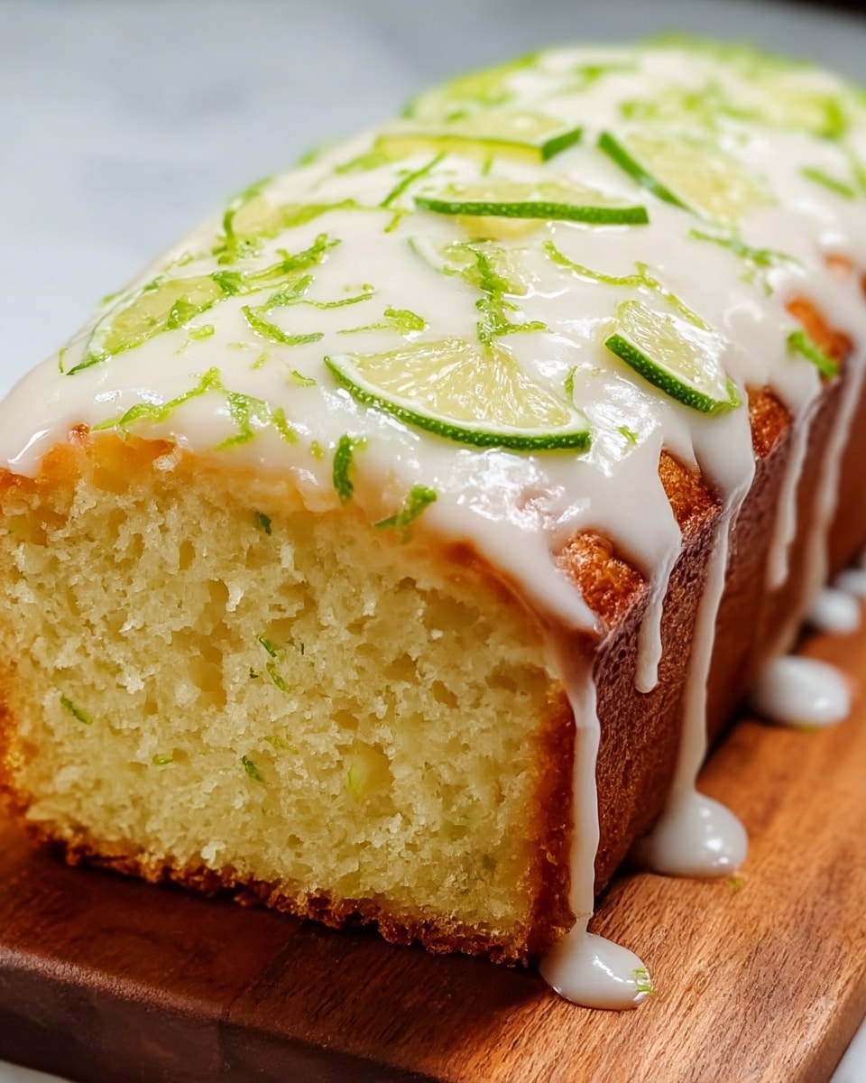 The image shows a close-up of a moist loaf cake with a golden-brown crust and a soft, light yellow inside. The cake is covered with a smooth, thick white glaze that drips lightly down the sides. Bright green lime zest pieces are scattered evenly on top, adding a fresh pop of color and texture. The cake sits on a wooden board set on a white marbled surface, giving it a natural, clean look. photo taken with an iphone --ar 4:5 --v 7