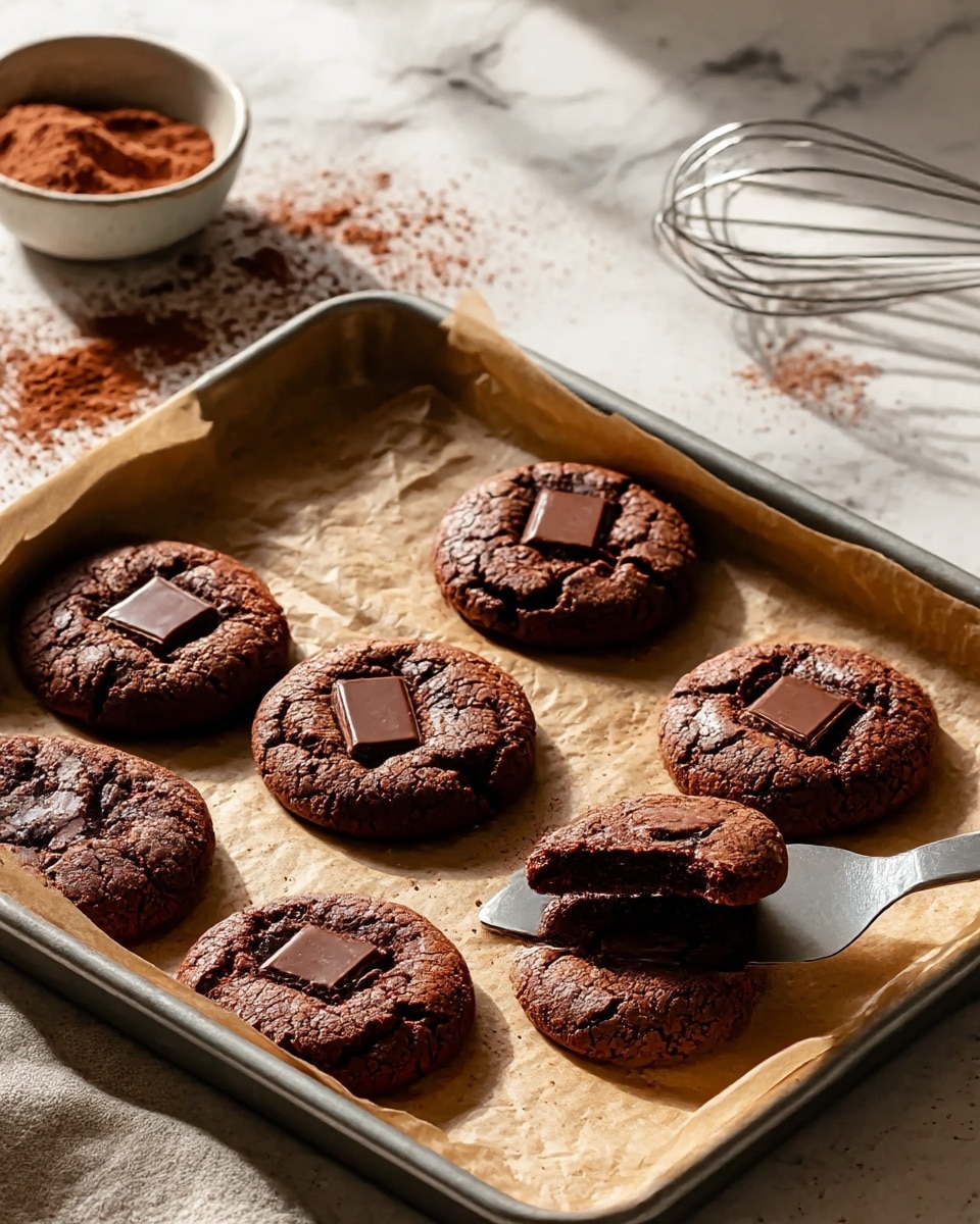 A metal baking tray lined with brown parchment paper holds six round chocolate cookies. Each cookie has a cracked surface showing a soft texture, topped with a smooth square piece of chocolate in the center. One cookie is lifted on a metal spatula, showing its slight thickness and chewy texture. The background features a white marbled surface with a silver whisk, a bowl of cocoa powder, and scattered cocoa powder in soft focus. The lighting creates warm highlights and gentle shadows, emphasizing the rich brown tones of the cookies and chocolate pieces. Photo taken with an iphone --ar 4:5 --v 7