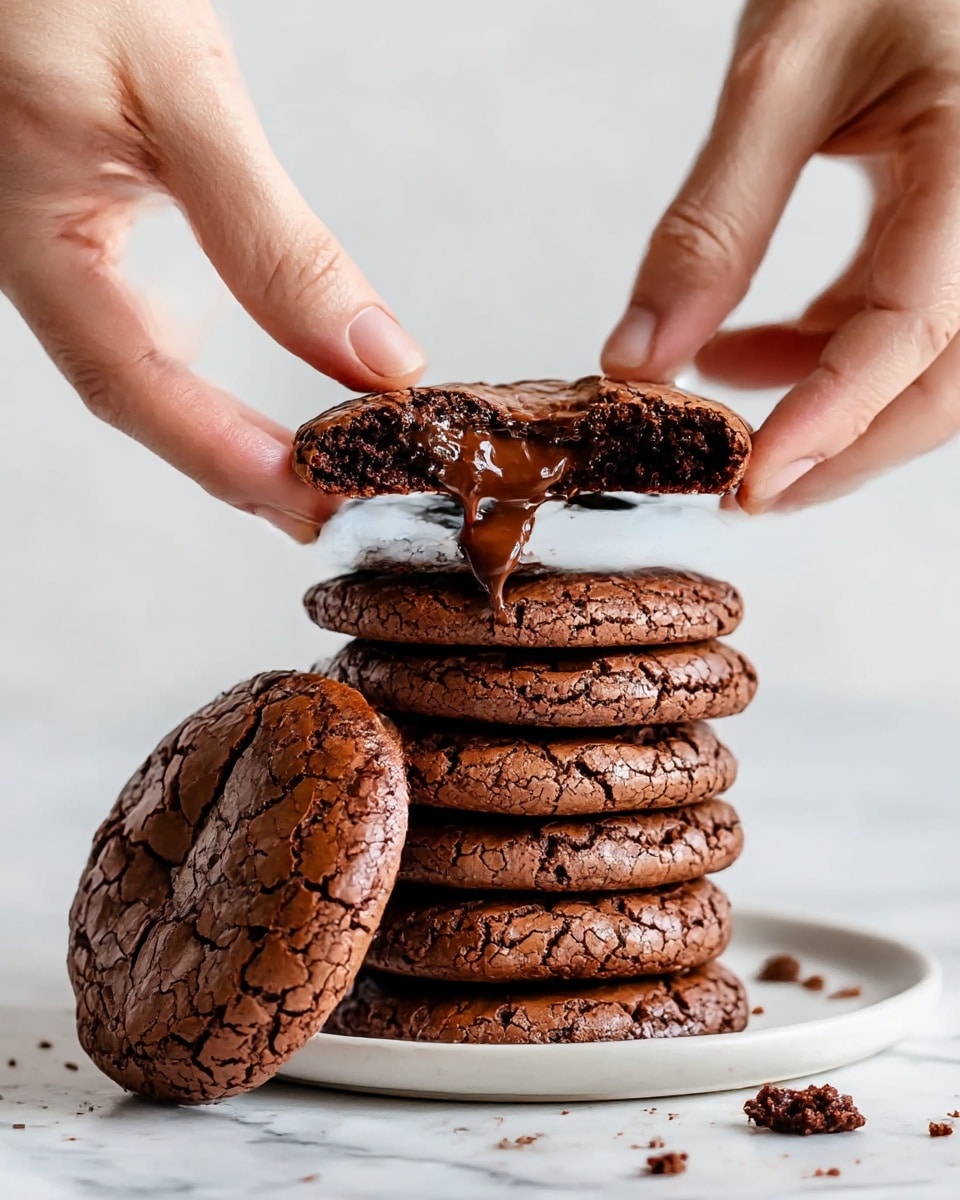 A stack of six round chocolate cookies with cracked tops sits on a white plate placed on a white marbled surface. The cookies are thick and have a rich, dark brown color with a slightly glossy texture. On top, a woman's hands pull apart one cookie, revealing a gooey, melted chocolate center stretching between the pieces. Another cookie leans against the stack on the plate, showing its full round shape and cracked texture. A few small cookie crumbs are scattered around the plate and surface. photo taken with an iphone --ar 4:5 --v 7