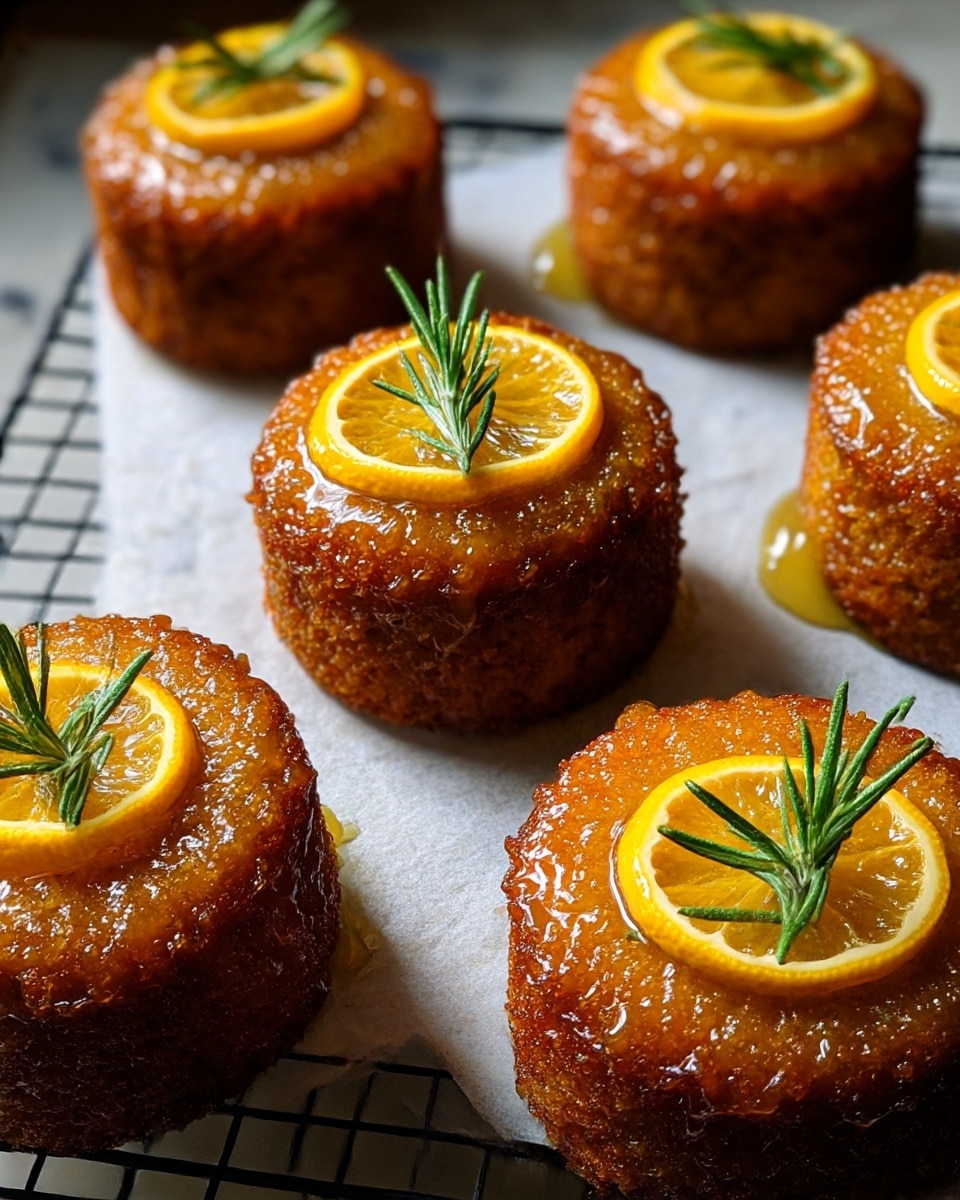 The image shows six small round cakes with textured golden brown crusts that glisten with a syrupy glaze, each cake topped with a thin bright yellow-orange circle of candied citrus and a small green rosemary sprig in the center. The cakes have a moist, slightly rough surface and are arranged in two rows on a white parchment paper over a black cooling rack, which rests on a white marbled surface. The warm lighting highlights the shine on the syrup and the fresh garnish, making the cakes look rich and inviting. photo taken with an iphone --ar 4:5 --v 7