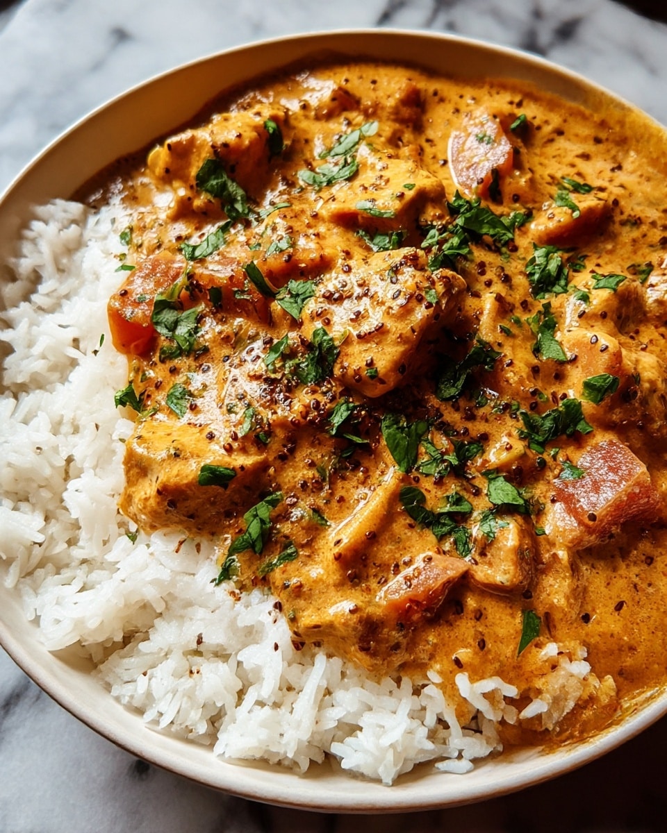 A white bowl filled with two layers of food: the base layer is fluffy white rice, and the top layer is a creamy orange curry with visible chunks of chicken and pieces of tomato. The curry is sprinkled with dark mustard seeds and finely chopped green herbs, giving a fresh contrast to the rich sauce. The textures show soft rice grains and thick, smooth curry with tender meat and vegetables. The bowl is set on a white marbled surface. photo taken with an iphone --ar 4:5 --v 7