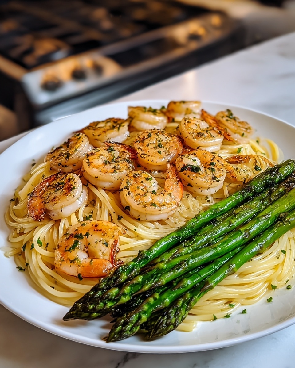 A white plate holds a serving of light yellow spaghetti strands lightly coated in oil and sprinkled with small green herb pieces. On top of the pasta, there are ten grilled shrimp arranged in a circle near the edge, each shrimp showing a light pink and orange color with slight charring and green herb seasoning. At the center of the plate, a neat bundle of bright green grilled asparagus spears sits horizontally, with a slight glaze and hints of charring on the tips. The plate is set against a white marbled surface with a blurry kitchen stove visible in the background. photo taken with an iphone --ar 4:5 --v 7