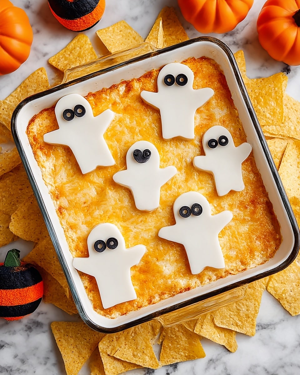 A square white dish filled with a baked cheesy dip that has a golden brown top layer of melted cheese. On top, there are six cut-outs shaped like small ghosts made from white cheese, each with two small black olive slices for eyes. The dish is placed on a white marbled surface, surrounded by yellow tortilla chips. In the background, there are small orange and black Halloween-themed decorations. Photo taken with an iphone --ar 4:5 --v 7