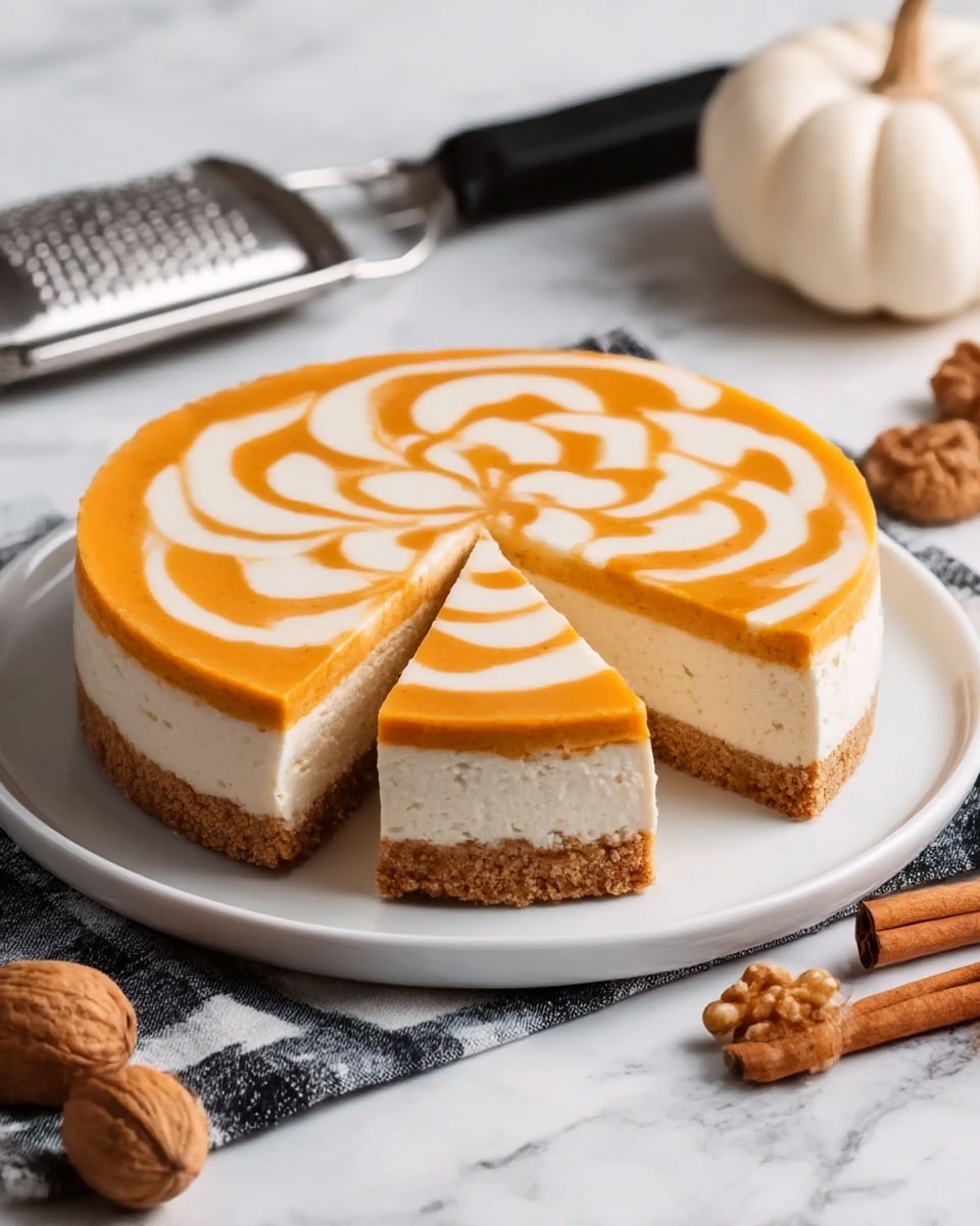 A round cheesecake with three clear layers sits on a white plate placed on a white marbled surface with a black and white cloth underneath. The bottom layer is crumbly and light brown, the middle layer is thick and creamy white, and the top layer is smooth orange with a white swirl pattern that forms a floral shape. A slice is cut out from the cheesecake, showing the layers clearly. Around the plate are cinnamon sticks, walnut shells, and a white pumpkin, with a metal grater in the background. Photo taken with an iphone --ar 4:5 --v 7