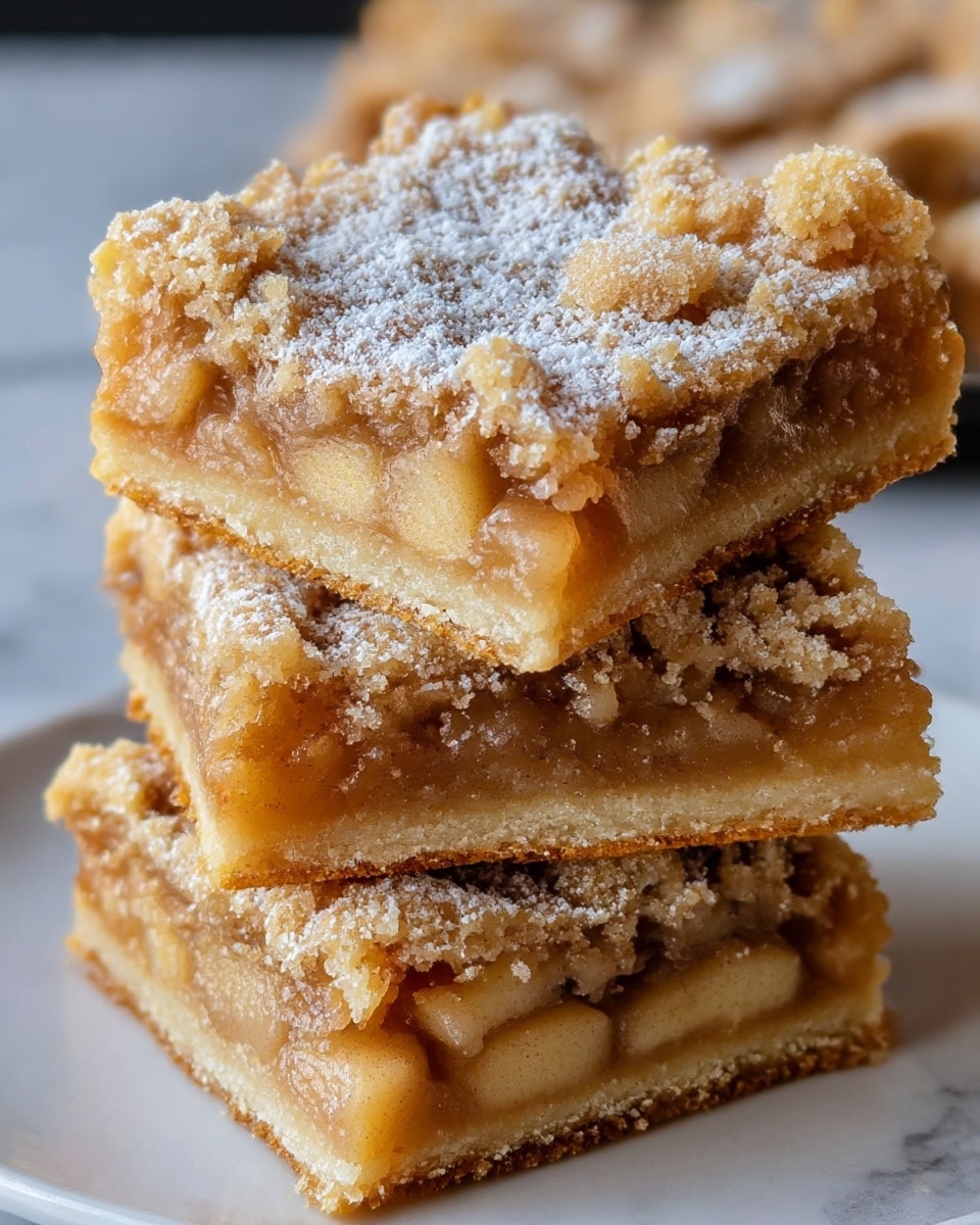 A stack of three square apple pie bars sits on a white plate, each bar showing two clear layers: the bottom layer is a light golden, crumbly crust, the middle layer is filled with soft, glossy apple chunks in a caramel-like sauce, and the top layer is a golden brown crumbly crust dusted with a generous coating of white powdered sugar, adding a textured look. The bars are stacked unevenly, highlighting the gooey filling between the crusts, with a few crust crumbs scattered on the plate. The white marbled background adds a clean and bright contrast to the warm tones of the bars. photo taken with an iphone --ar 4:5 --v 7