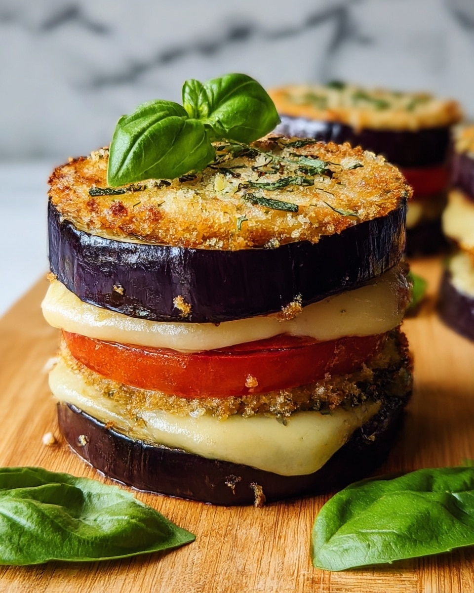 The image shows a close-up of a stack with four layers: two thick slices of dark purple eggplant on the top and bottom, a middle layer of melted light yellow cheese, and a bright red tomato slice just below the cheese. The top eggplant slice is golden brown and crispy with visible herbs and breadcrumbs sprinkled on it. A fresh green basil leaf rests on the very top, and another basil leaf is placed near the base of the stack. The stack sits on a wooden surface with a white marbled texture in the background. Photo taken with an iphone --ar 4:5 --v 7
