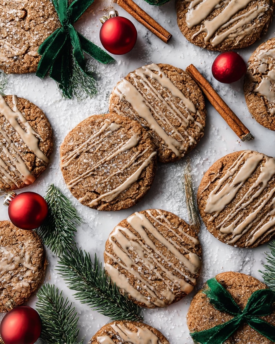 Several round, brown cookies with a cracked, rough texture are laid out on a white marbled surface sprinkled lightly with white powdered sugar. Each cookie has a light brown glaze drizzled over it in irregular lines and some have part of their tops fully coated. The cookies are arranged closely together, interspersed with small cinnamon sticks, dark green pine branches, and red shiny Christmas ornaments tied with black and green ribbons that weave between the cookies, giving a festive touch. photo taken with an iphone --ar 4:5 --v 7