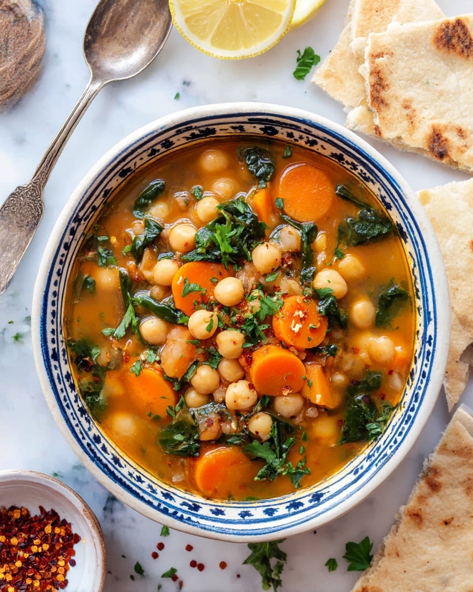 A deep white bowl with dark blue decorative patterns is filled with a hearty soup showing three main layers: a light brownish-orange broth forming the base, floating plump beige chickpeas evenly spread throughout, and bright orange carrot slices mixed with vibrant green spinach leaves and fresh parsley pieces scattered on top. The bowl sits on a white marbled surface surrounded by torn pieces of light brown flatbread, a vintage silver spoon with a worn handle, lemon wedges to the upper left, and a small white bowl holding red chili flakes in the lower left corner. photo taken with an iphone --ar 4:5 --v 7