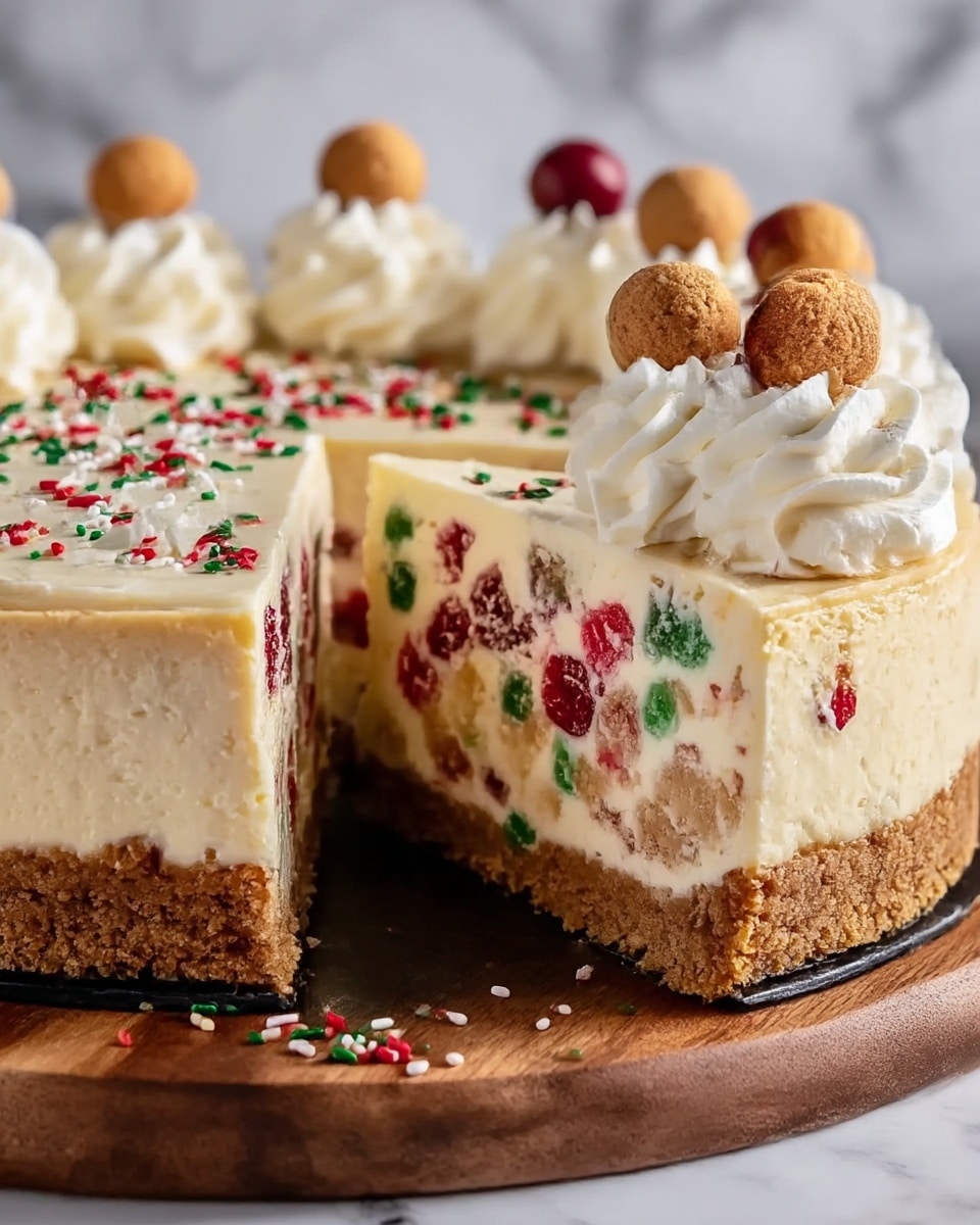 The image shows a festive cheesecake with three visible layers: the bottom layer is a thick, brown crumbly crust, the middle layer is a creamy off-white cheesecake filled with red and green candy pieces, and the top layer is decorated with white swirls of whipped cream, each topped with a small cookie ball in either a light brown or dark red color. The cheesecake is placed on a wooden board against a white marbled background, and some colorful sprinkles are scattered on top. Photo taken with an iphone --ar 4:5 --v 7