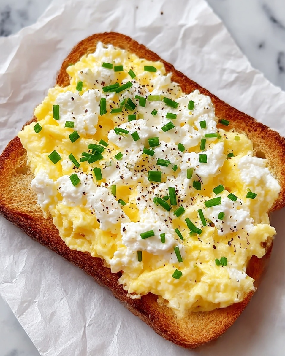 A single slice of toasted bread with a golden brown crust forms the base layer, topped with a fluffy mix of yellow scrambled eggs and white cottage cheese evenly spread over it, creating a soft, creamy texture. Scattered across the top are small, bright green chopped chives and a light sprinkle of black pepper, adding contrast and a fresh touch. The toast rests on white parchment paper, which lies on a white marbled surface. photo taken with an iphone --ar 4:5 --v 7