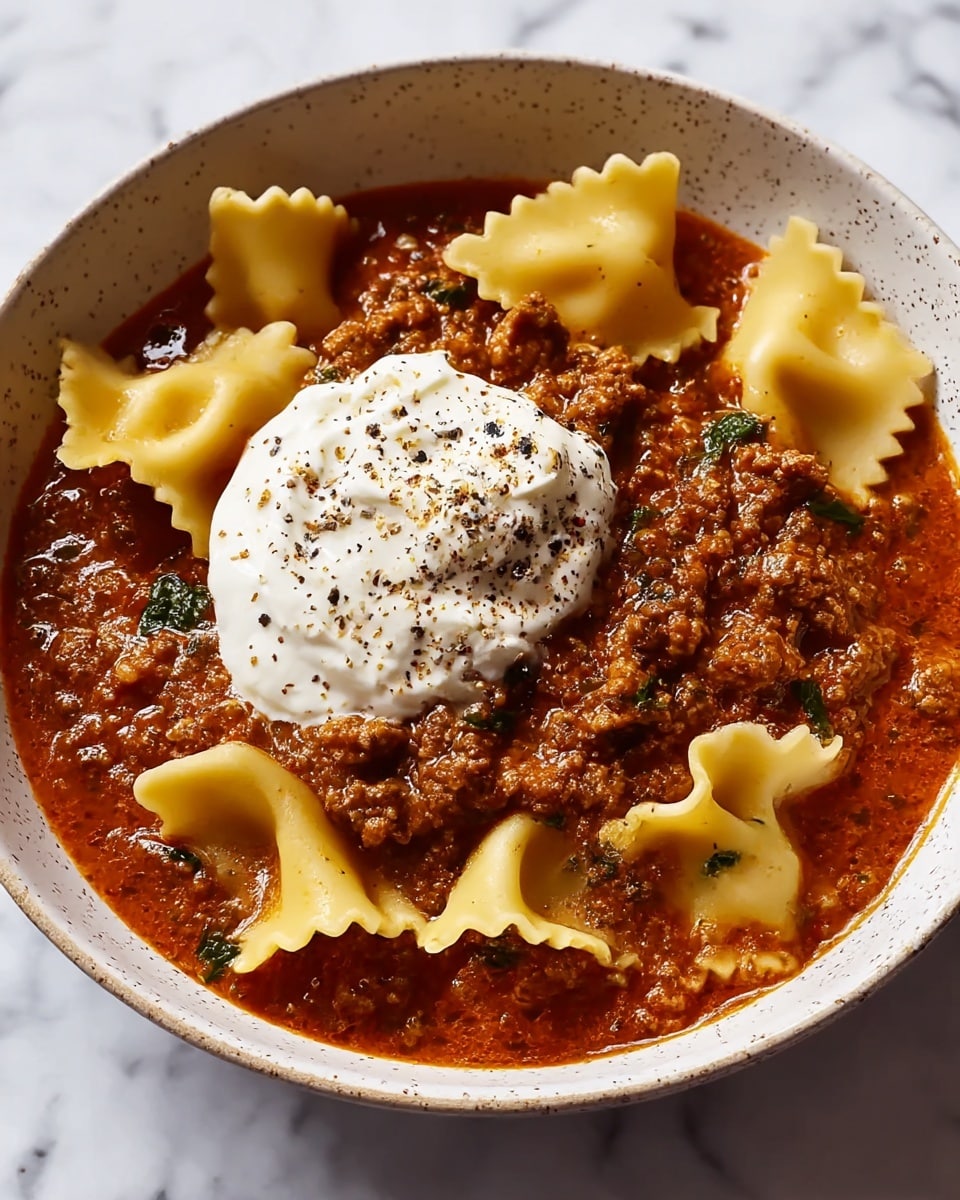 A close-up top view of a blue pot filled with a pasta dish showing three main layers: wavy, pale yellow lasagna noodles that look tender and soft; a rich, deep red tomato sauce mixed with brown ground meat and small bits of dark green herbs scattered throughout; and a light sprinkle of grated cheese lightly covering parts of the noodles and sauce. A wooden spoon rests on the right inside edge of the pot, partially submerged in the savory mixture. The pot sits on a white marbled surface. photo taken with an iphone --ar 4:5 --v 7