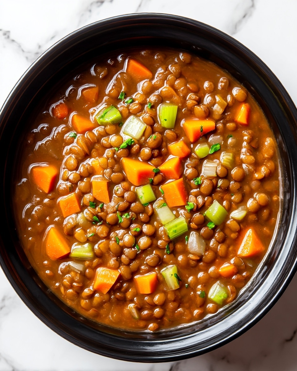 A black bowl filled with a thick lentil soup that has a rich brown base. The soup has visible whole brown lentils, bright orange carrot cubes, light green celery pieces, and small bits of green herbs scattered throughout, creating a fresh look. The bowl is placed on a white marbled surface, and the soup fills the bowl to the top, showing a hearty and textured mix of ingredients. photo taken with an iphone --ar 4:5 --v 7