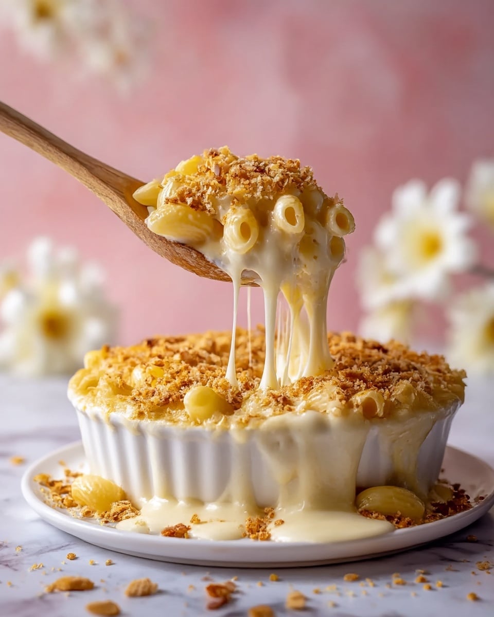 The image shows a white round dish filled with baked macaroni and cheese. The bottom layer is light yellow cooked macaroni pasta, topped with a thick layer of melted, gooey white cheese sauce that stretches as a wooden spoon lifts a scoop. The top layer is golden brown crispy breadcrumbs, scattered unevenly over the cheese. The dish sits on a white plate, with melted cheese dripping down the sides, and some breadcrumbs scattered around. The background is a soft pink with blurry white flowers, on a white marbled surface. photo taken with an iphone --ar 4:5 --v 7