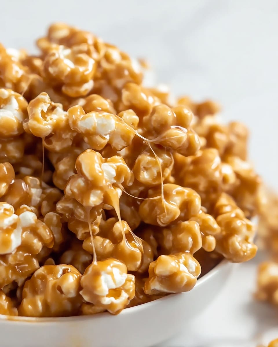 A close-up view shows a white bowl filled with caramel popcorn piled high, each piece coated with a shiny, smooth caramel layer that gives a golden brown glow. The popcorn pieces are tightly packed and textured with light white and beige shades underneath the sticky caramel glaze. Thin strings of caramel stretch between some pieces, adding a sticky, glossy effect. The background features a soft, out-of-focus white marbled texture that highlights the caramel popcorn. photo taken with an iphone --ar 4:5 --v 7