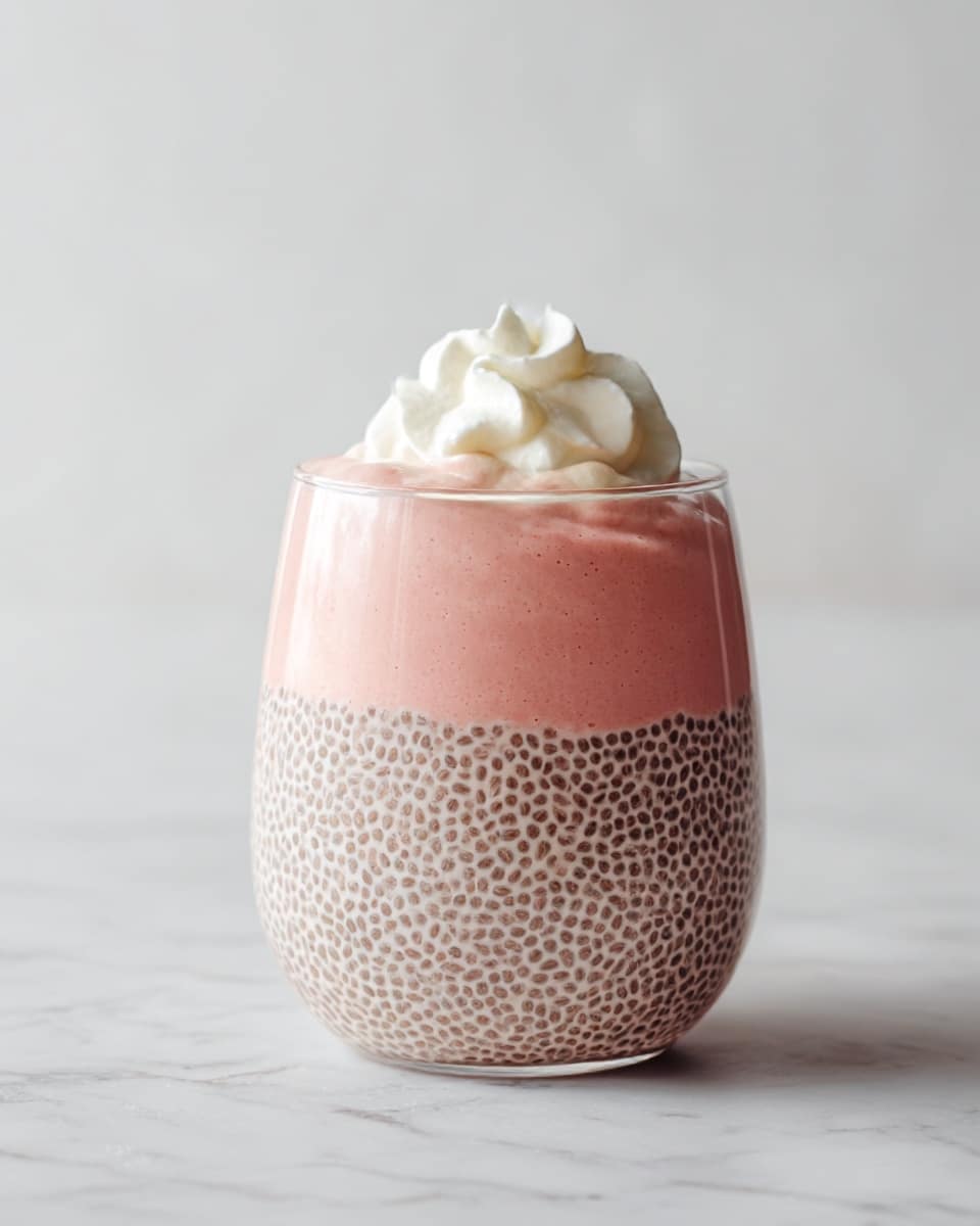 A glass bowl filled with three visible layers: the bottom layer is a pale pink chia pudding with tiny black chia seeds evenly spread, giving a textured look; the middle layer is a smooth, white yogurt forming a thick ring along the top edge of the chia pudding; the top layer consists of bright red strawberry pieces, each cut into halves or quarters, arranged over the yogurt, showing their juicy interior and seeds clearly; the bowl is placed on a white marbled surface. Photo taken with an iphone --ar 4:5 --v 7