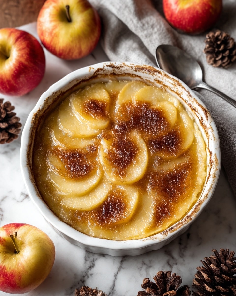 A white ceramic round dish holds a baked apple dessert with a golden-brown caramelized sugar crust on top, covering thinly sliced layers of soft, pale yellow apples underneath. The edges of the dish show some baked residue, adding a rustic look. Around the dish are red and yellow apples and brown pinecones on a white marbled surface, accompanied by a light gray cloth and a silver spoon to the side. Photo taken with an iphone --ar 4:5 --v 7