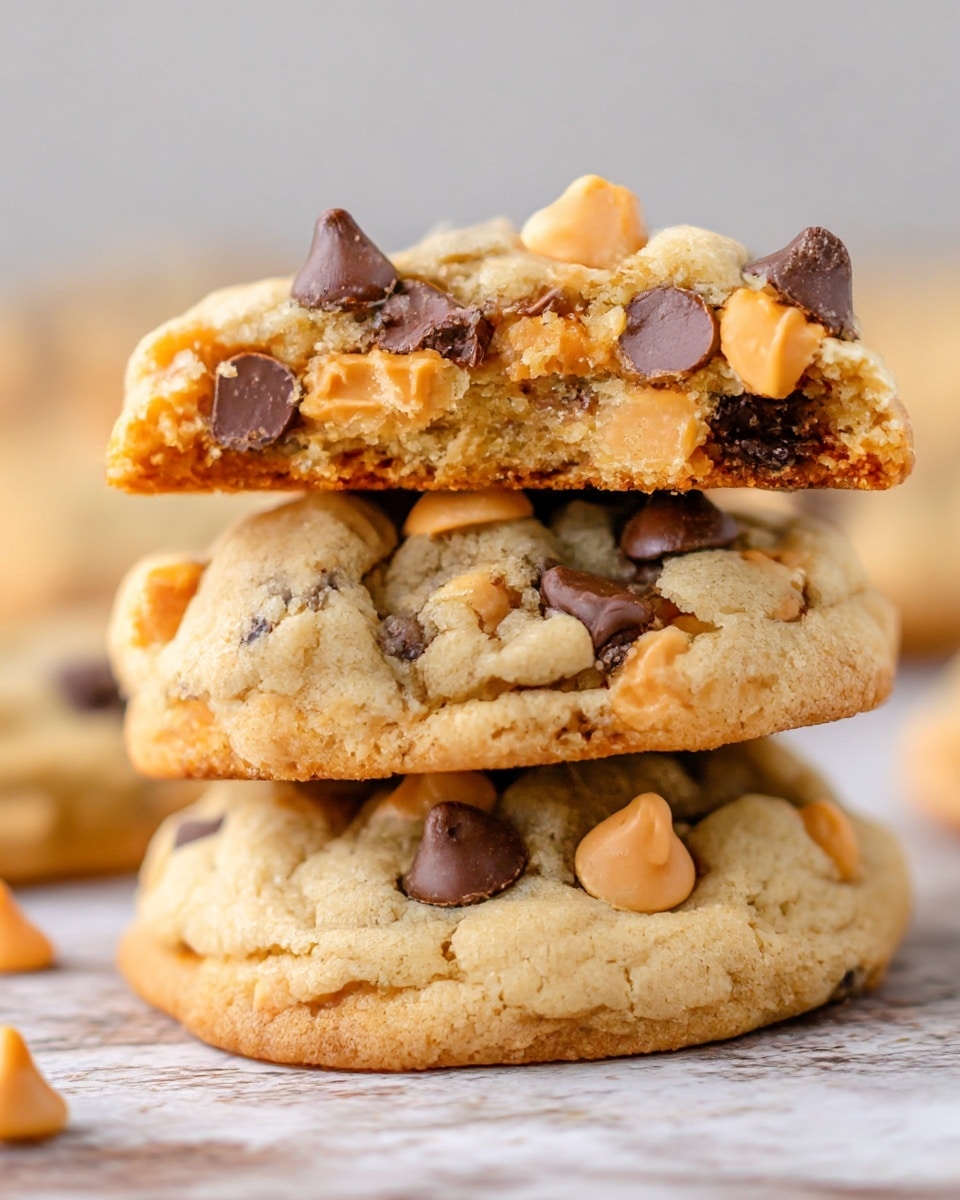 A close-up image shows a stack of three thick homemade cookies on a white marbled texture. The bottom layer is a whole cookie with a soft, golden-brown color and visible peanut butter chips embedded in its surface. The middle layer is another whole cookie similar to the bottom one, with a slightly ruffled texture and peanut butter chips. The top layer consists of a broken cookie piece revealing a soft, chewy inside with melted dark chocolate chips and peanut butter chips scattered throughout, giving a contrast of dark brown and light orange colors against the light beige cookie dough. Photo taken with an iphone --ar 4:5 --v 7
