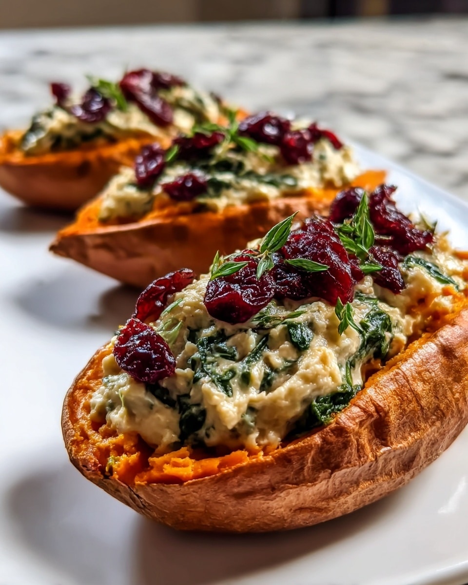 The image shows three stuffed sweet potato halves placed on a white plate set on a white marbled surface. Each half has three main layers: the base layer is the roasted sweet potato with a deep orange color and slightly wrinkled skin. The middle layer consists of a creamy, light beige mixture with visible green spinach leaves mixed inside, giving it a soft, textured look. The top layer is a garnish of shiny dark red dried cranberries and small green herb sprigs, adding a fresh, colorful contrast. The lighting highlights the glossy and textured details of each layer, with a close-up view focused on the front sweet potato half. photo taken with an iphone --ar 4:5 --v 7