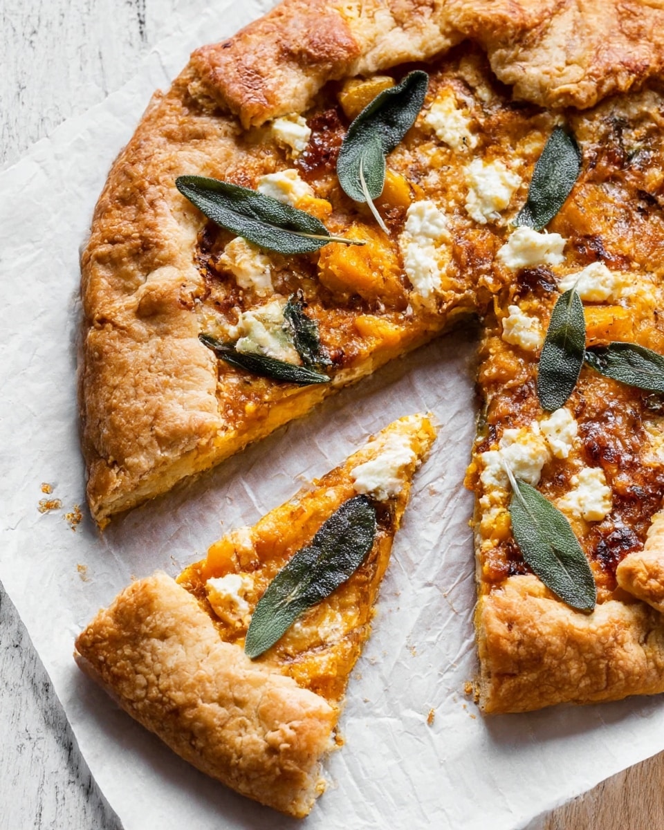 A sliced galette with a golden brown, flaky crust folded over the edges, resting on white parchment paper over a white marbled surface. The inside layers show an orange filling topped with dark green crispy sage leaves and small chunks of white cheese scattered evenly. The crust looks thick and crumbly with a textured surface, contrasting with the smooth, vibrant filling. Several slices are cut, showing the layered filling and crisp edges clearly. photo taken with an iphone --ar 4:5 --v 7